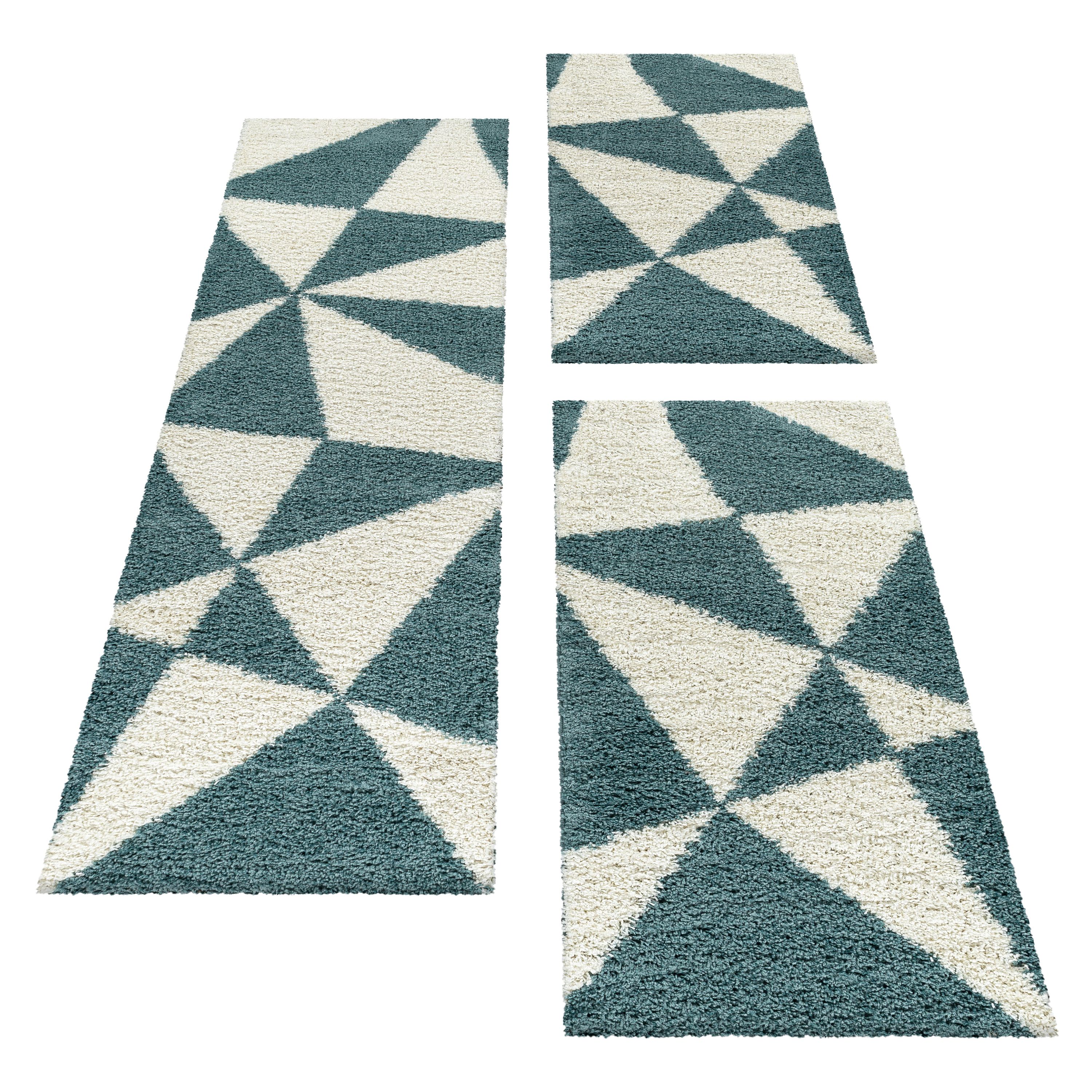 Design Teppich Set Shaggy Bettumrandung Läufer Set Muster Dreiecke 3 Teile Blau