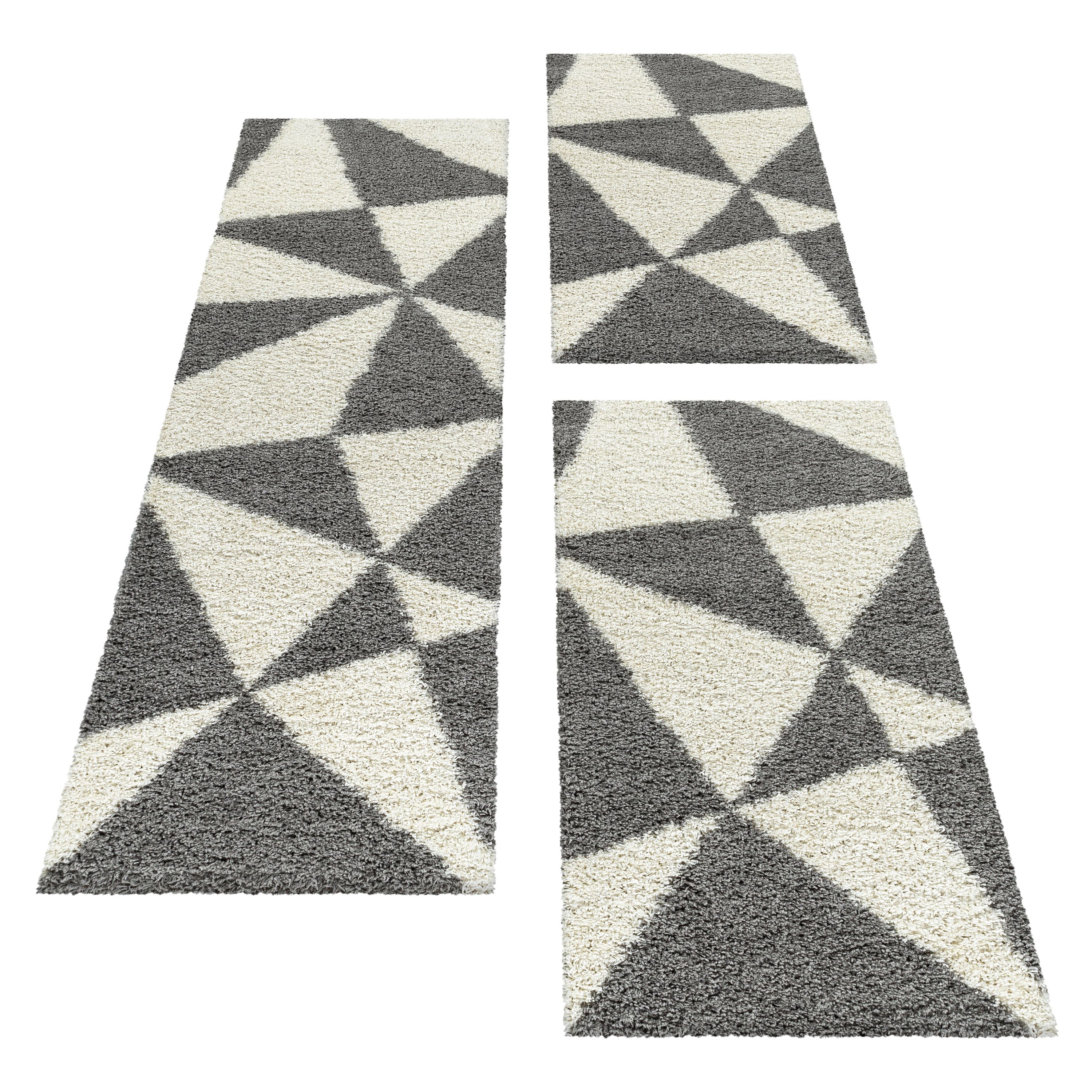 Design Teppich Set Shaggy Bettumrandung Läufer Set Muster Dreiecke 3 Teile Grau