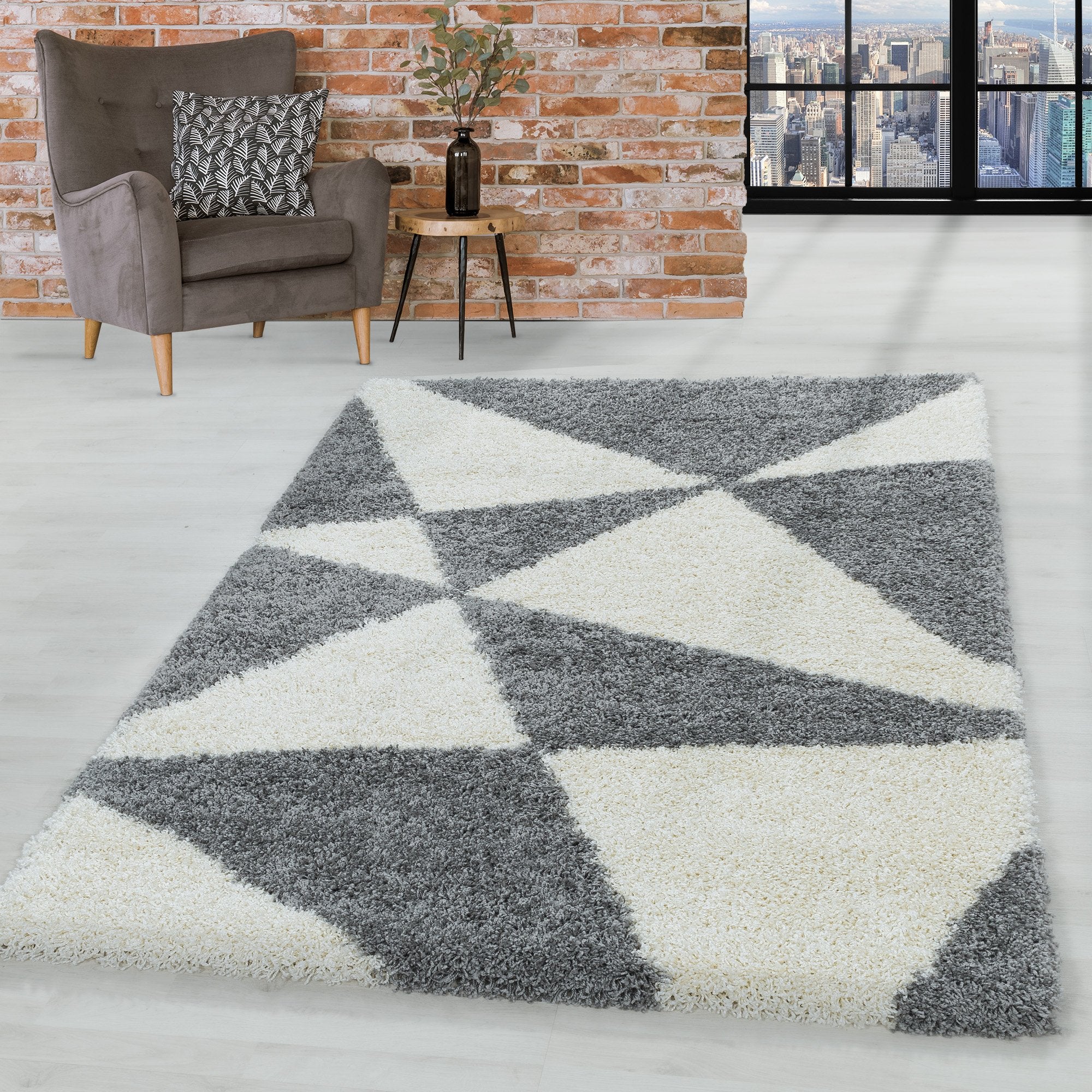Design Hochflor Teppich Wohnzimmerteppich Muster Abstrakte Dreiecke Grau