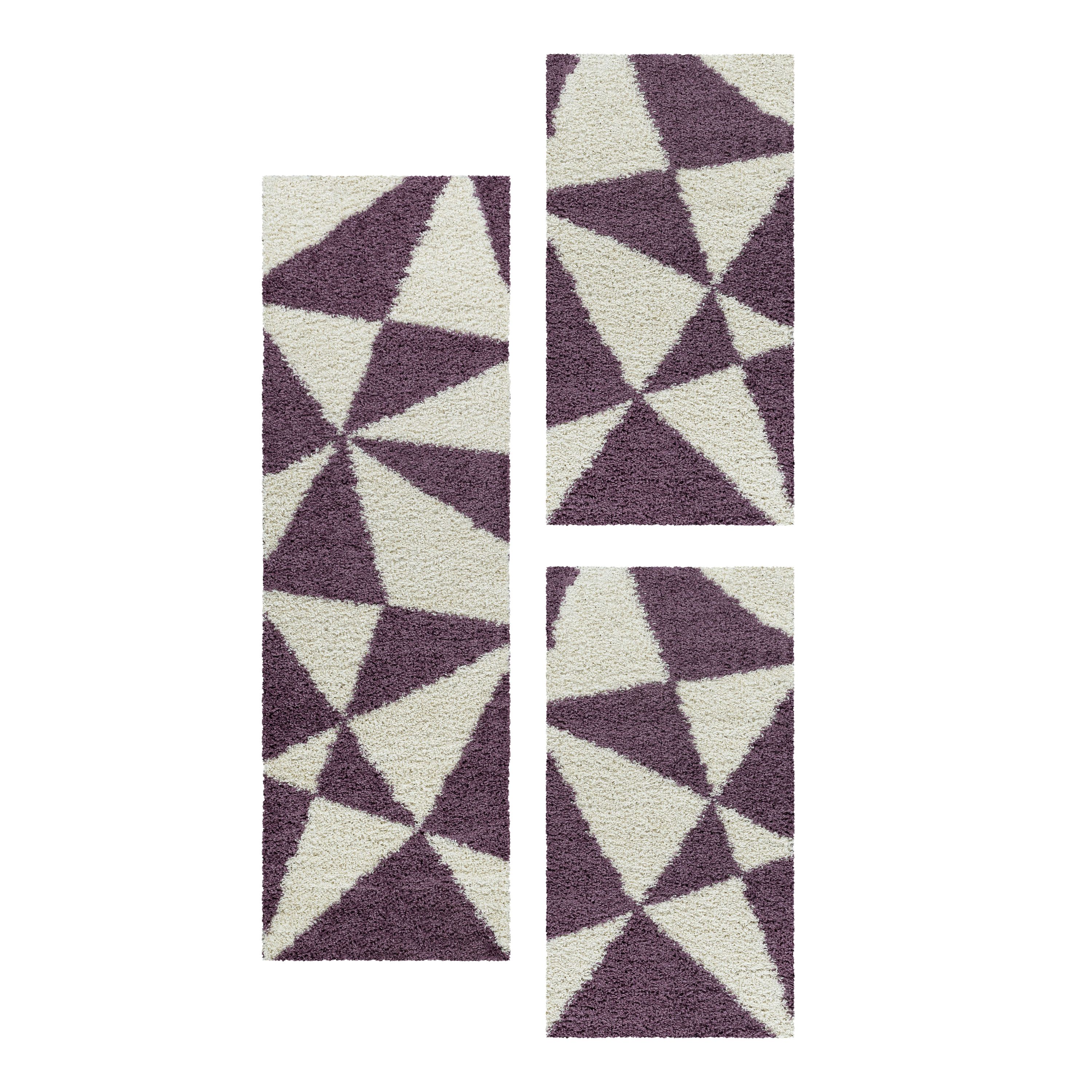 Design Teppich Set Shaggy Bettumrandung Läufer Set Muster Dreiecke 3 Teile Lila