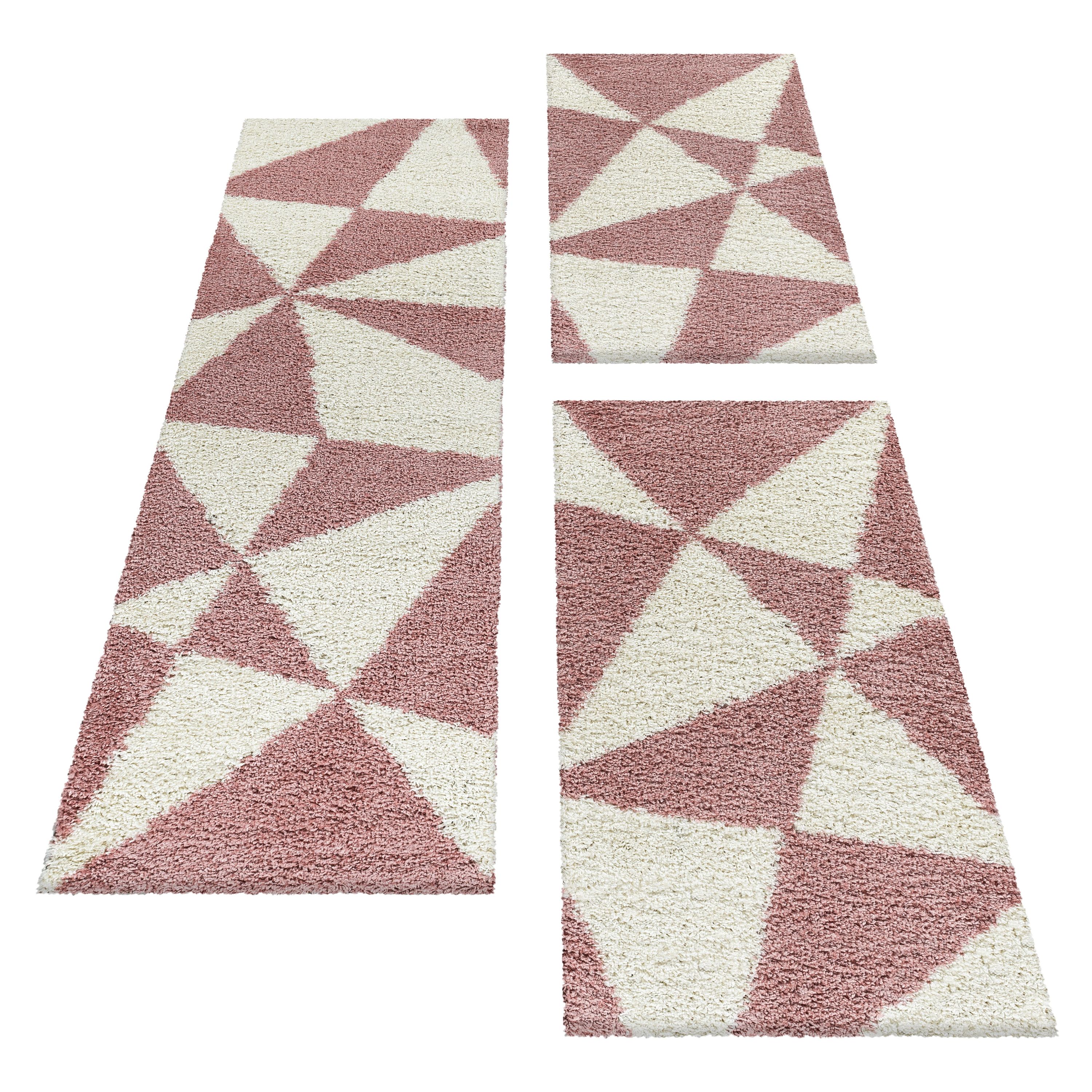 Design Teppich Set Shaggy Bettumrandung Läufer Set Muster Dreiecke 3 Teile Rose