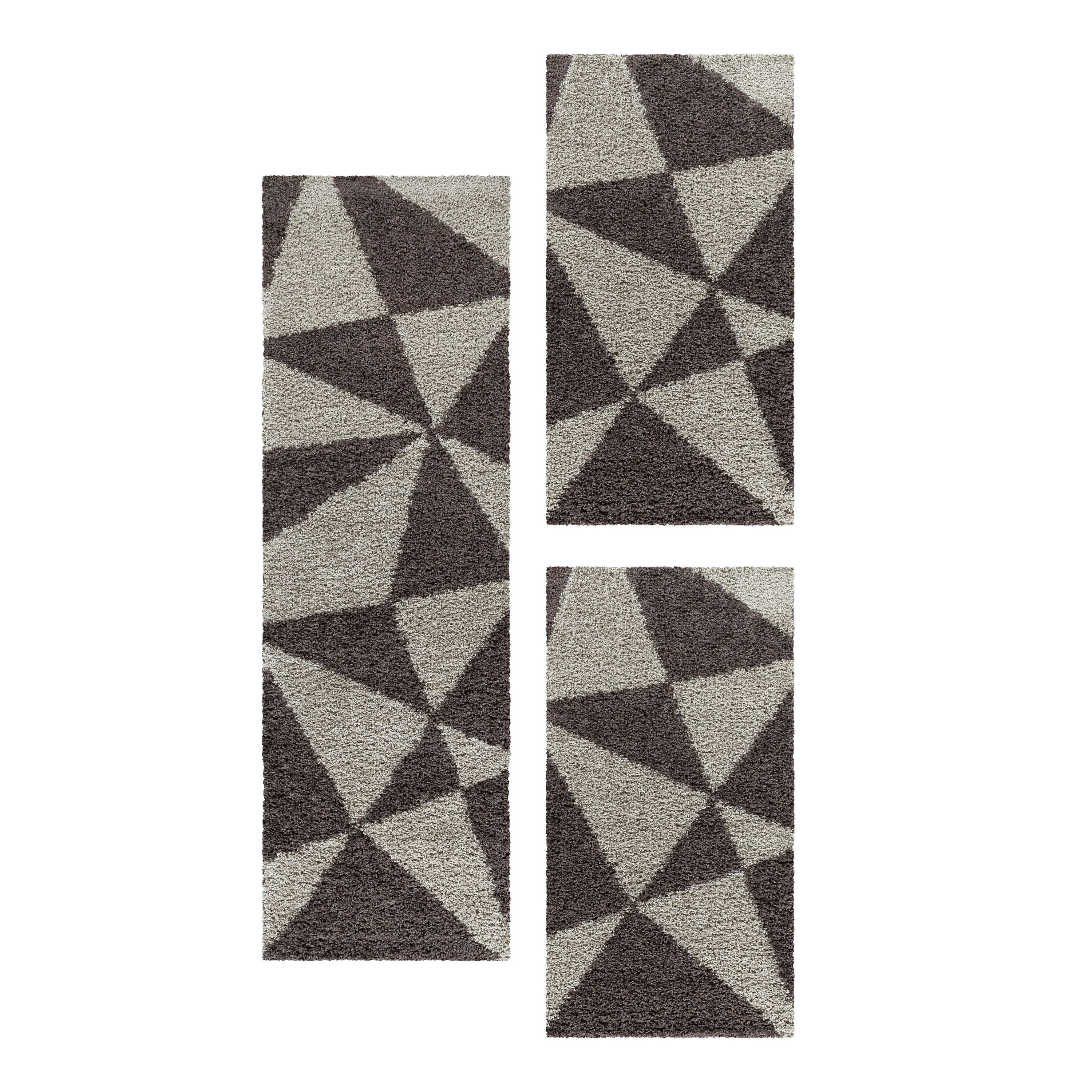 Design Teppich Set Shaggy Bettumrandung Läufer Muster Abstrakte Dreiecke 3 Teile