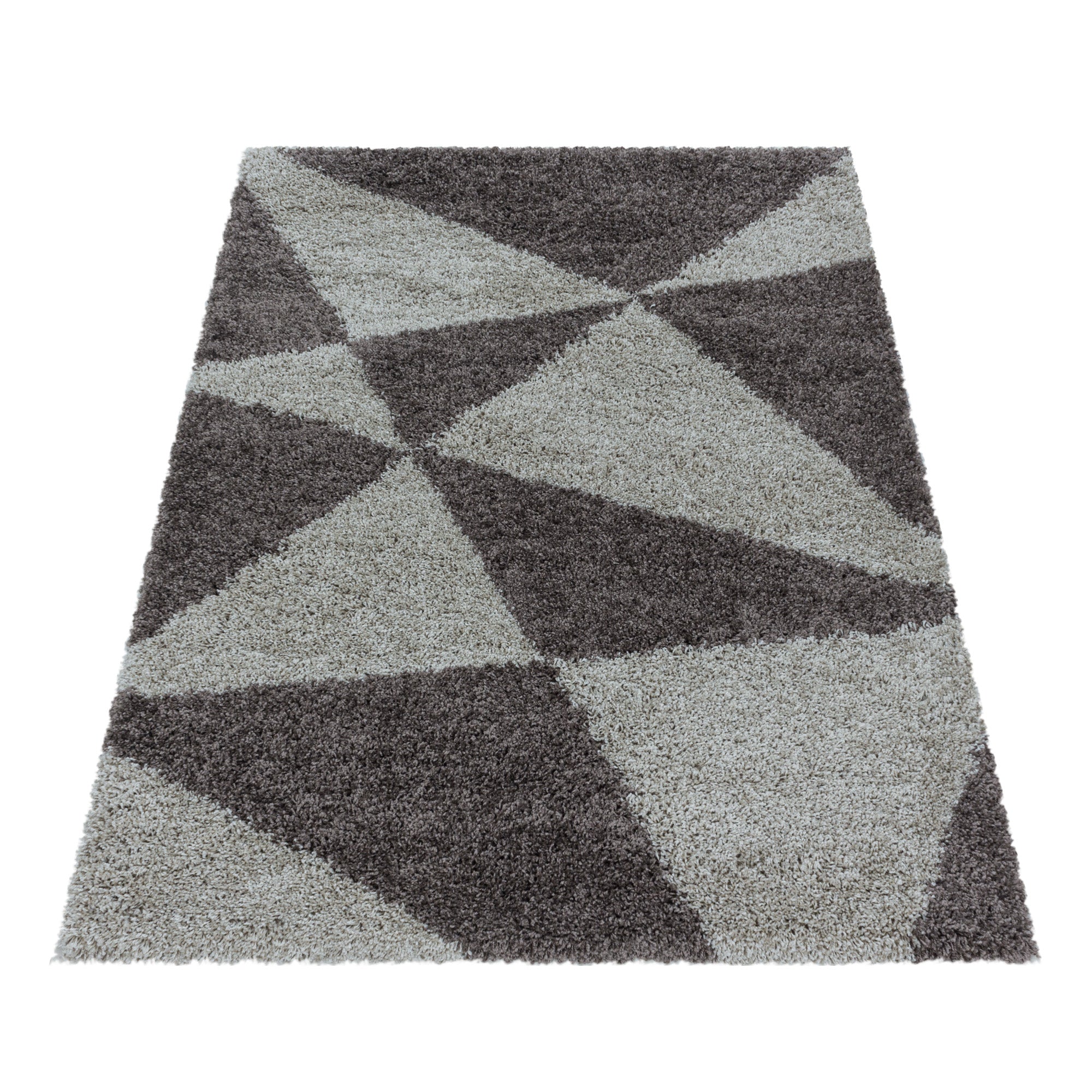 Design Hochflor Teppich Wohnzimmerteppich Muster Abstrakte Dreiecke Taupe