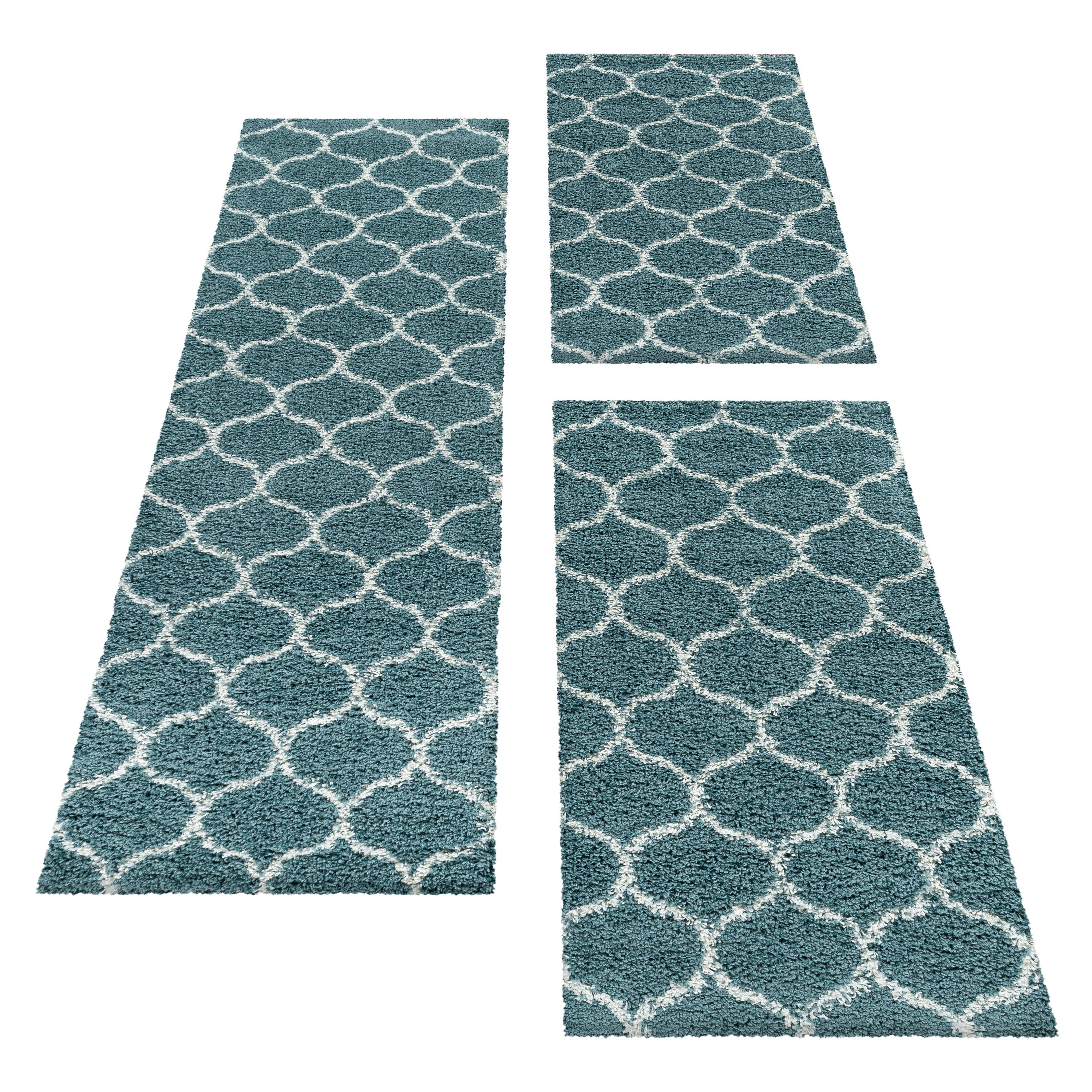 Teppich Set Shaggy Läufer Läuferset Design Kachel Tile Jacquard 3 Teile Blau