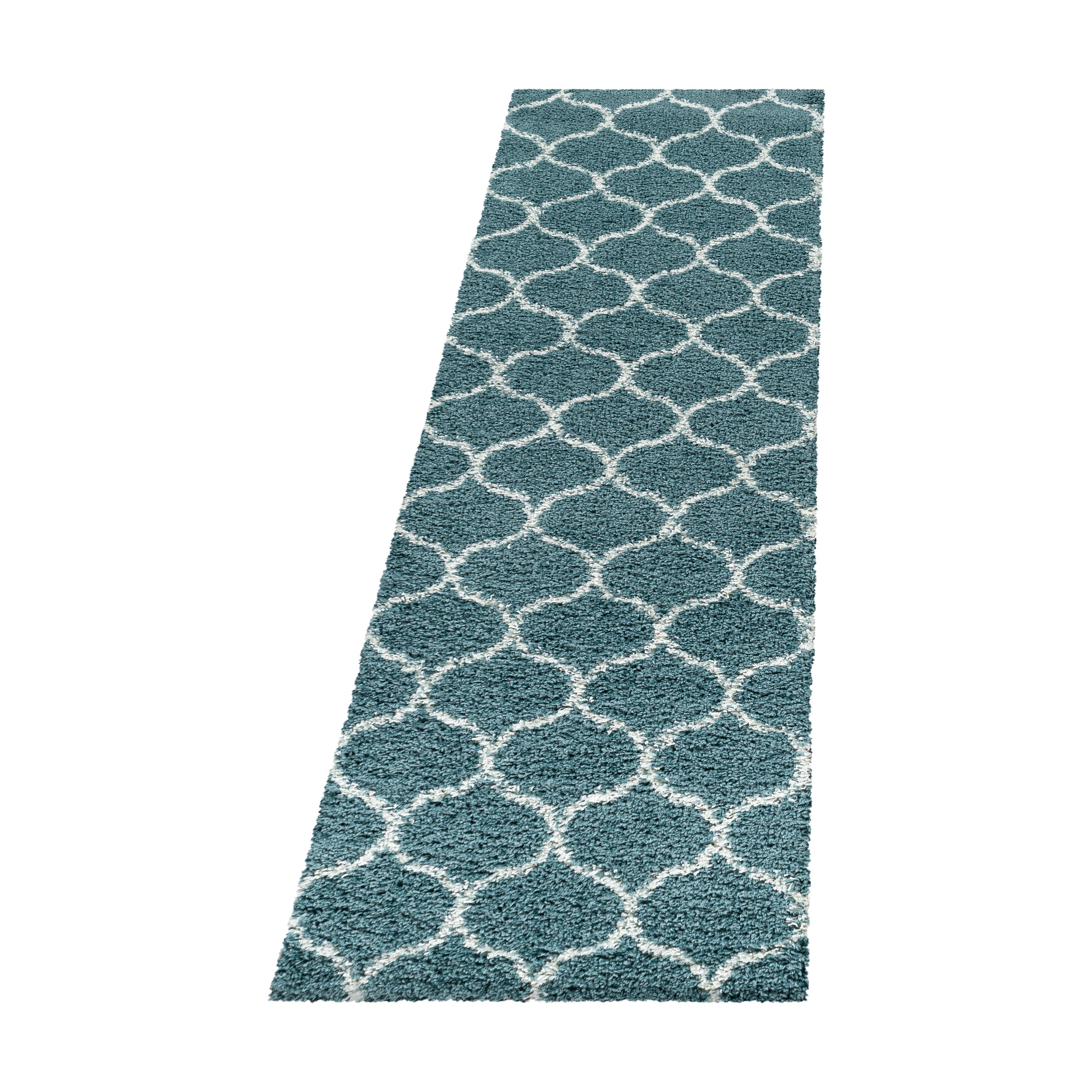 Teppich Set Shaggy Läufer Läuferset Design Kachel Tile Jacquard 3 Teile Blau