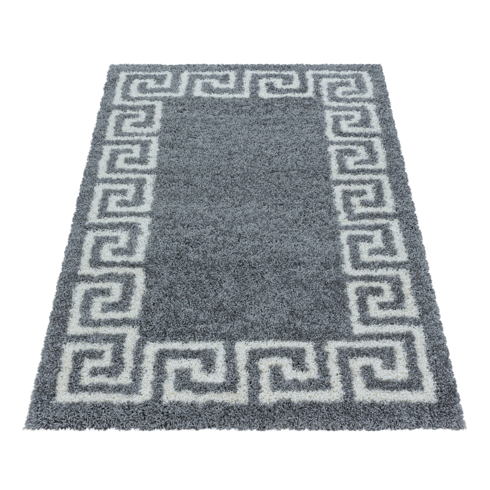 Design Hochflor Teppich Wohnzimmerteppich Muster Antike Bordüre Farbe Grau