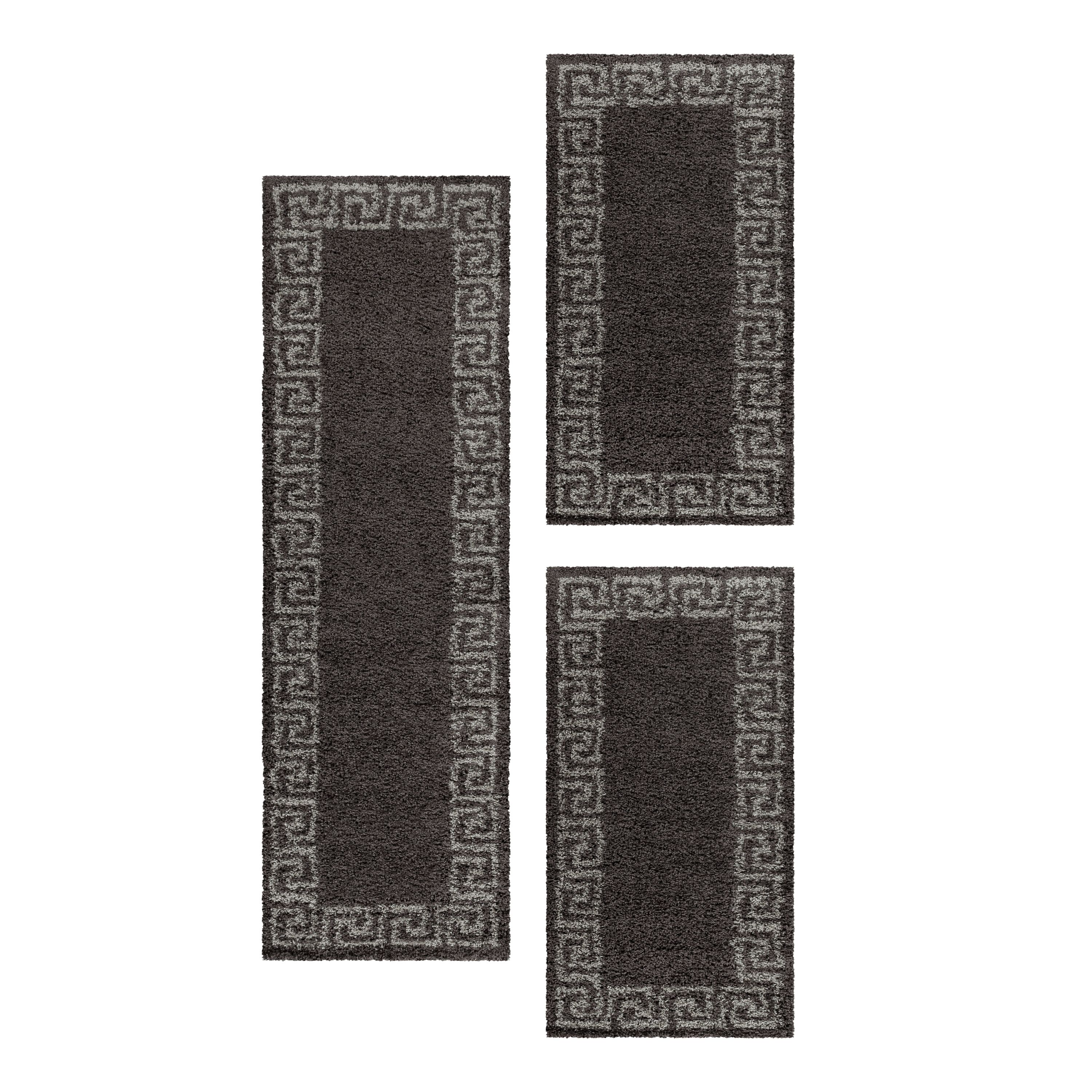 Design Teppich Set Shaggy Läufer Läuferset Antike Bordüre 3 Teile Farbe Taupe