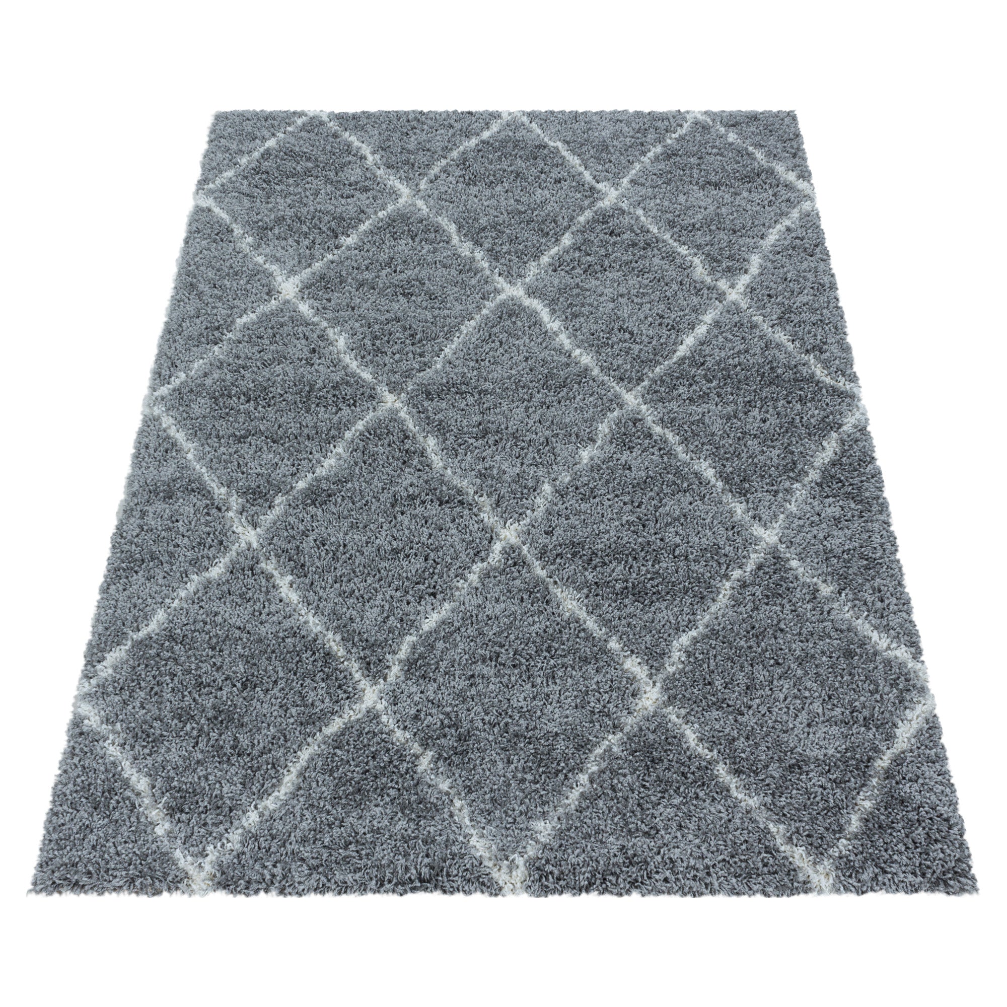 Design Hochflor Teppich Wohnzimmerteppich Muster Raute Flor Weich Farbe Grau