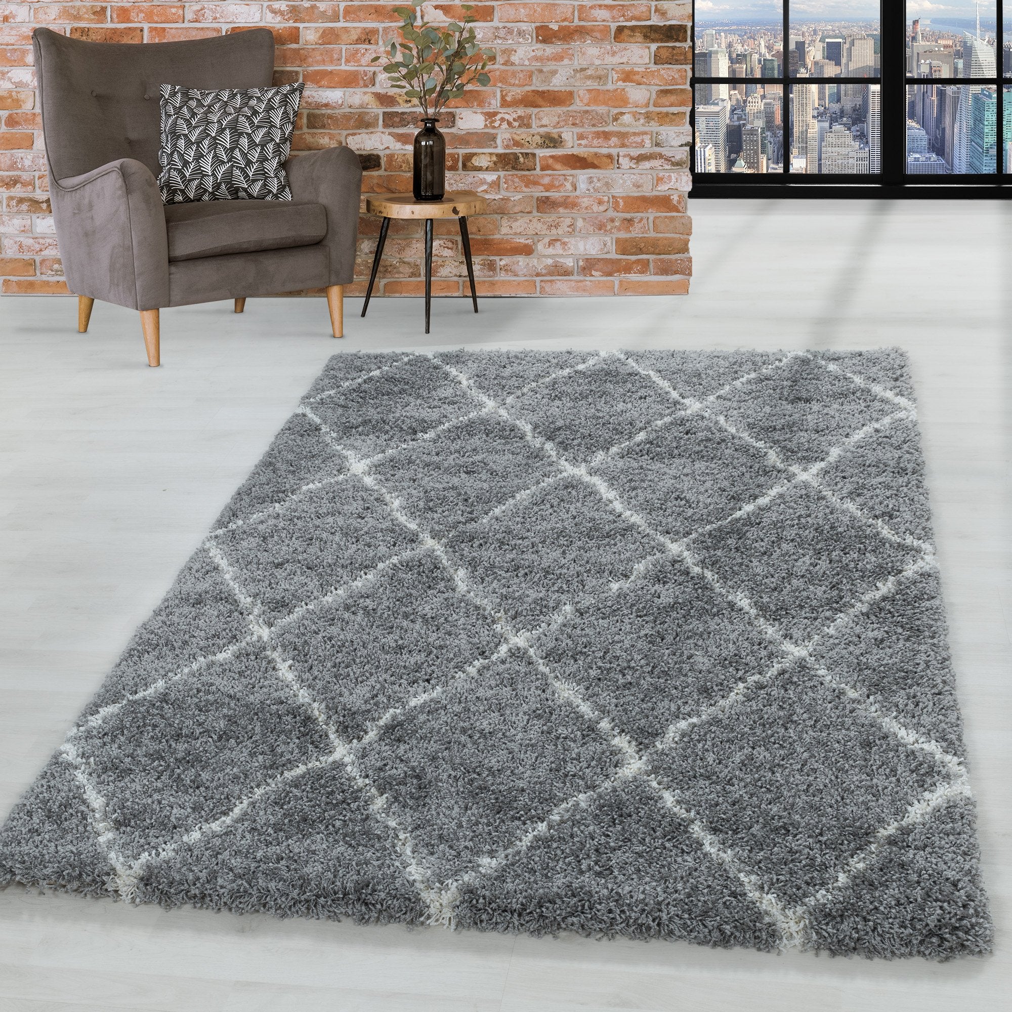 Design Hochflor Teppich Wohnzimmerteppich Muster Raute Flor Weich Farbe Grau