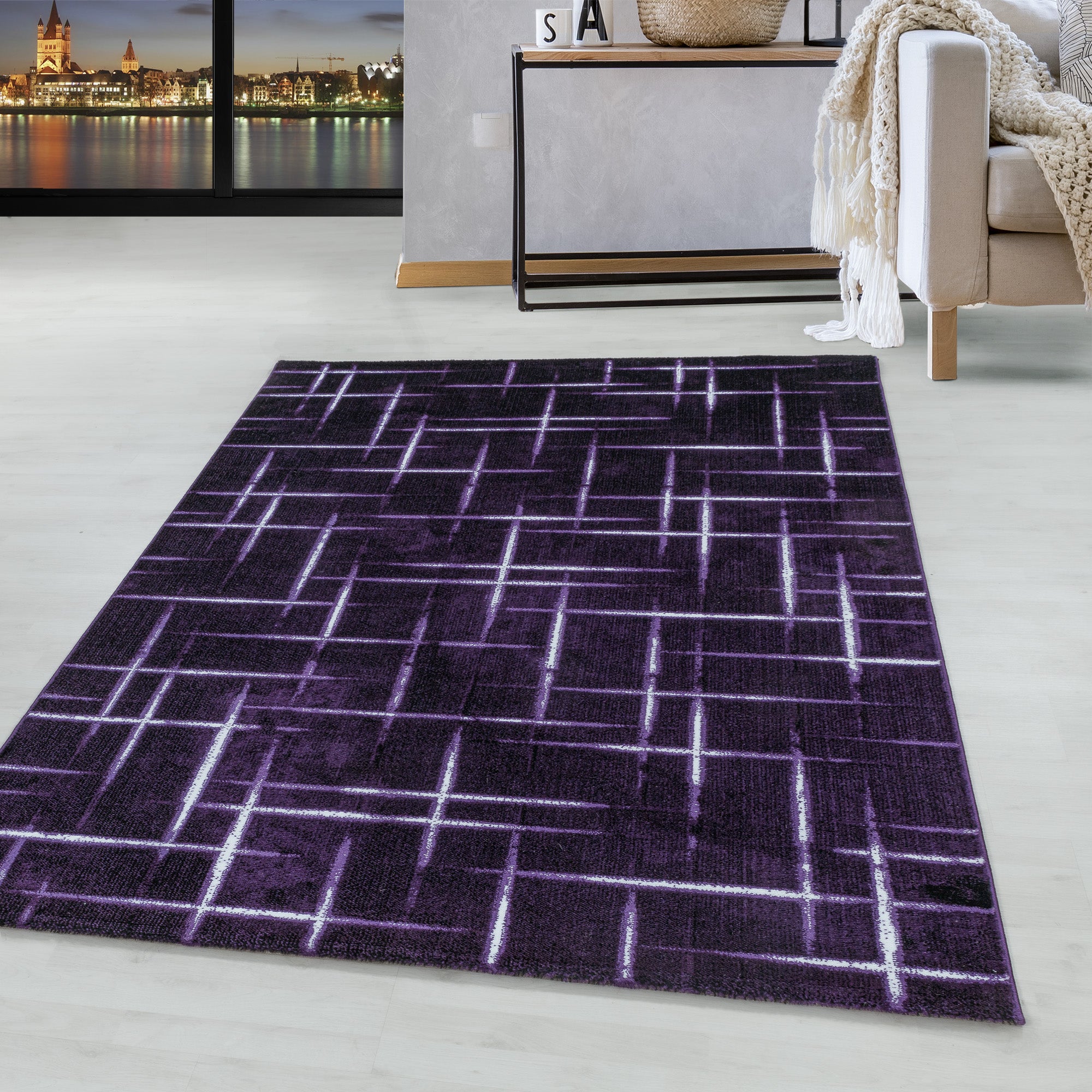 Kurzflor Design Teppich Wohnzimmerteppich Gitter Muster Soft Flor Lila