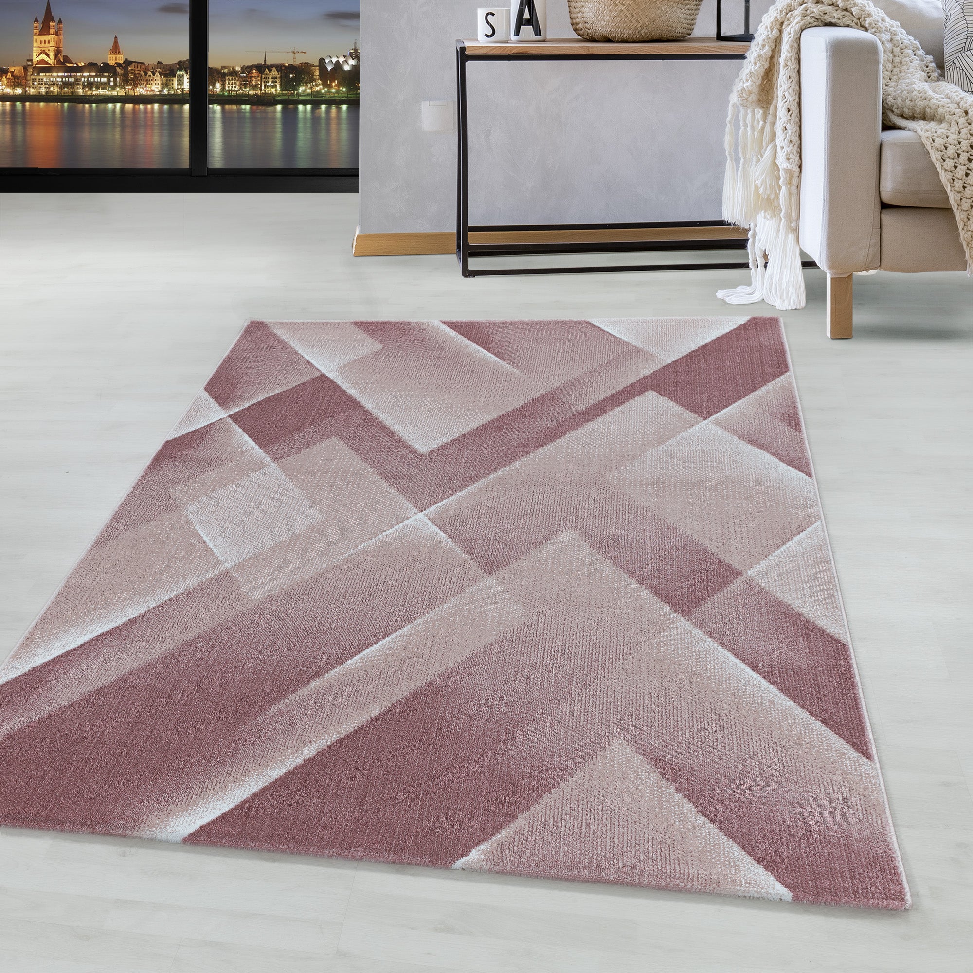 Kurzflor Design Teppich Wohnzimmerteppich 3-D Muster Dreiecke Soft Flor Pink