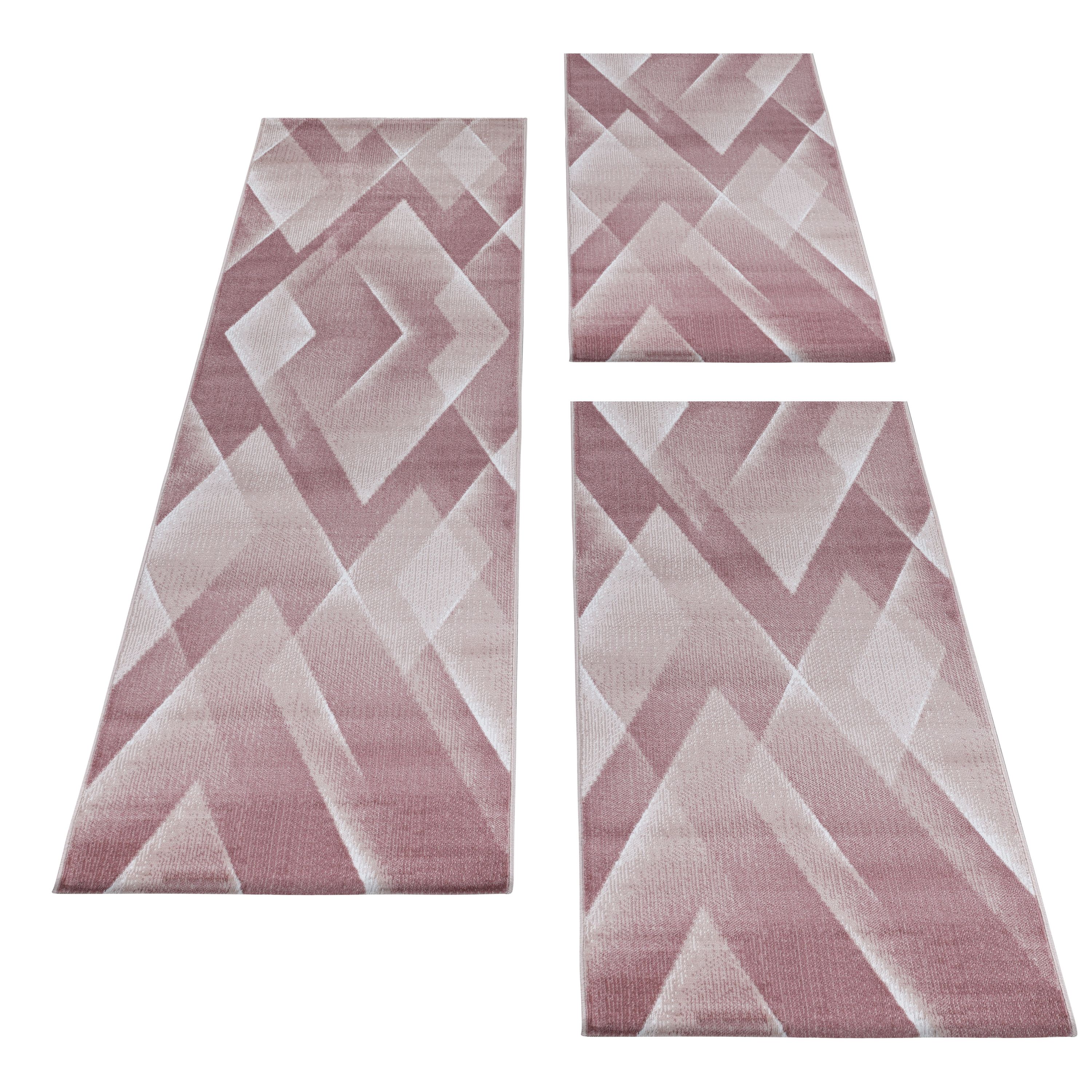 Kurzflor Teppich Set Schlafzimmer Läufer Set 3-D Muster Dreieck 3 Teile Pink