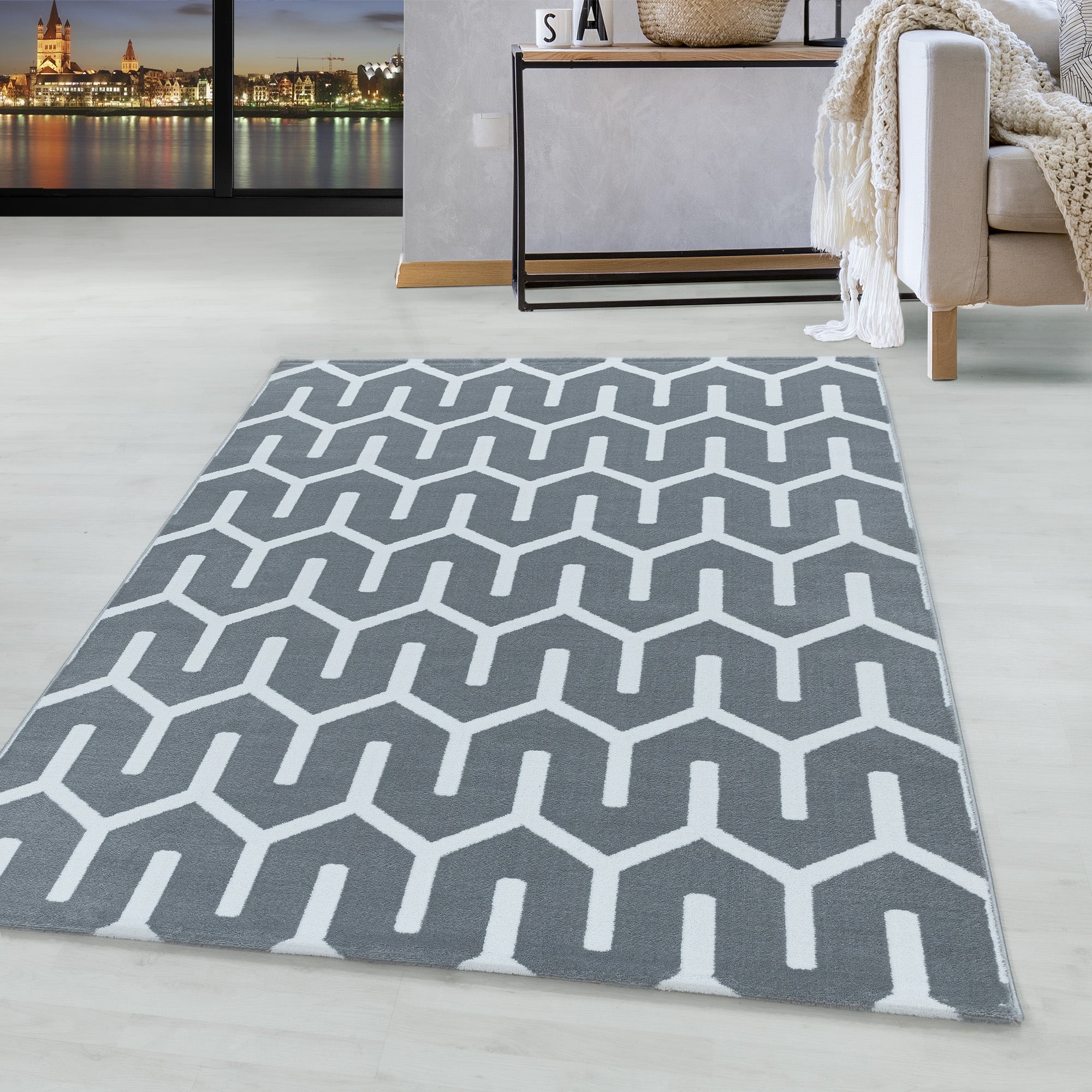 Weicher Kurzflor Teppich Wohnzimmerteppich Gitter Design Soft Flor Grau