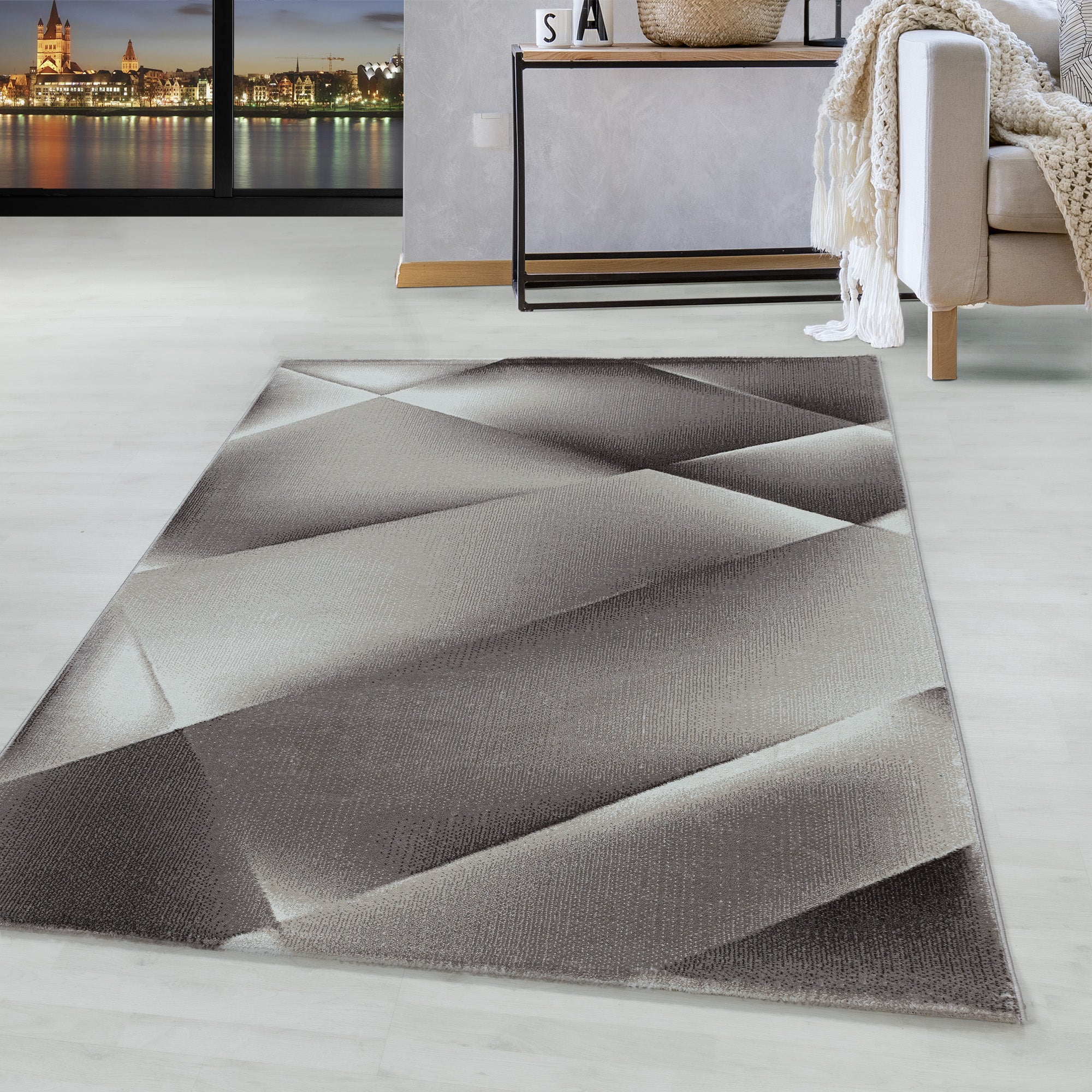 Weicher Kurzflor Teppich Wohnzimmerteppich Abstraktes Design Soft Flor Braun