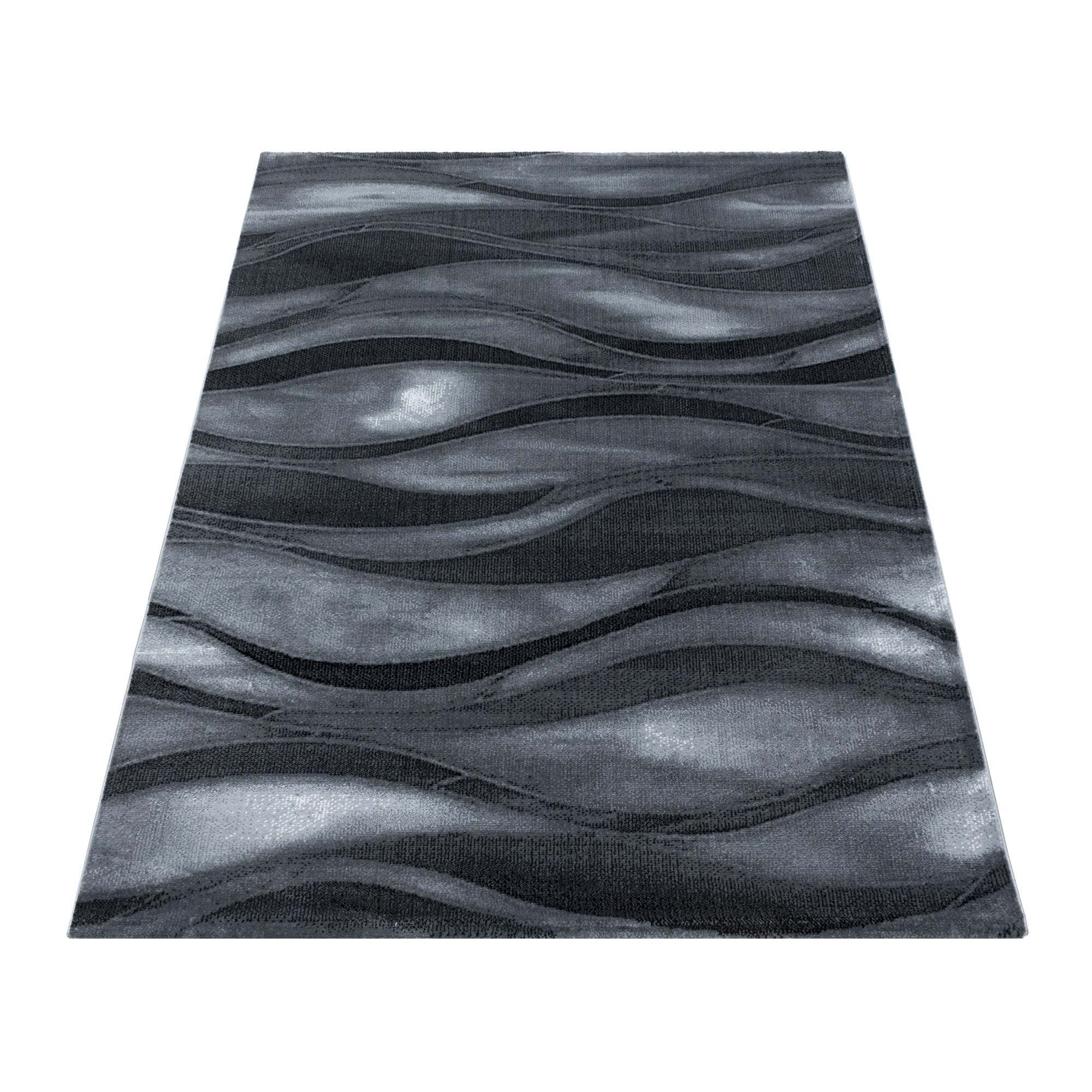 Weicher Kurzflor Teppich Wohnzimmerteppich Abstrakte Wellen Design Schwarz