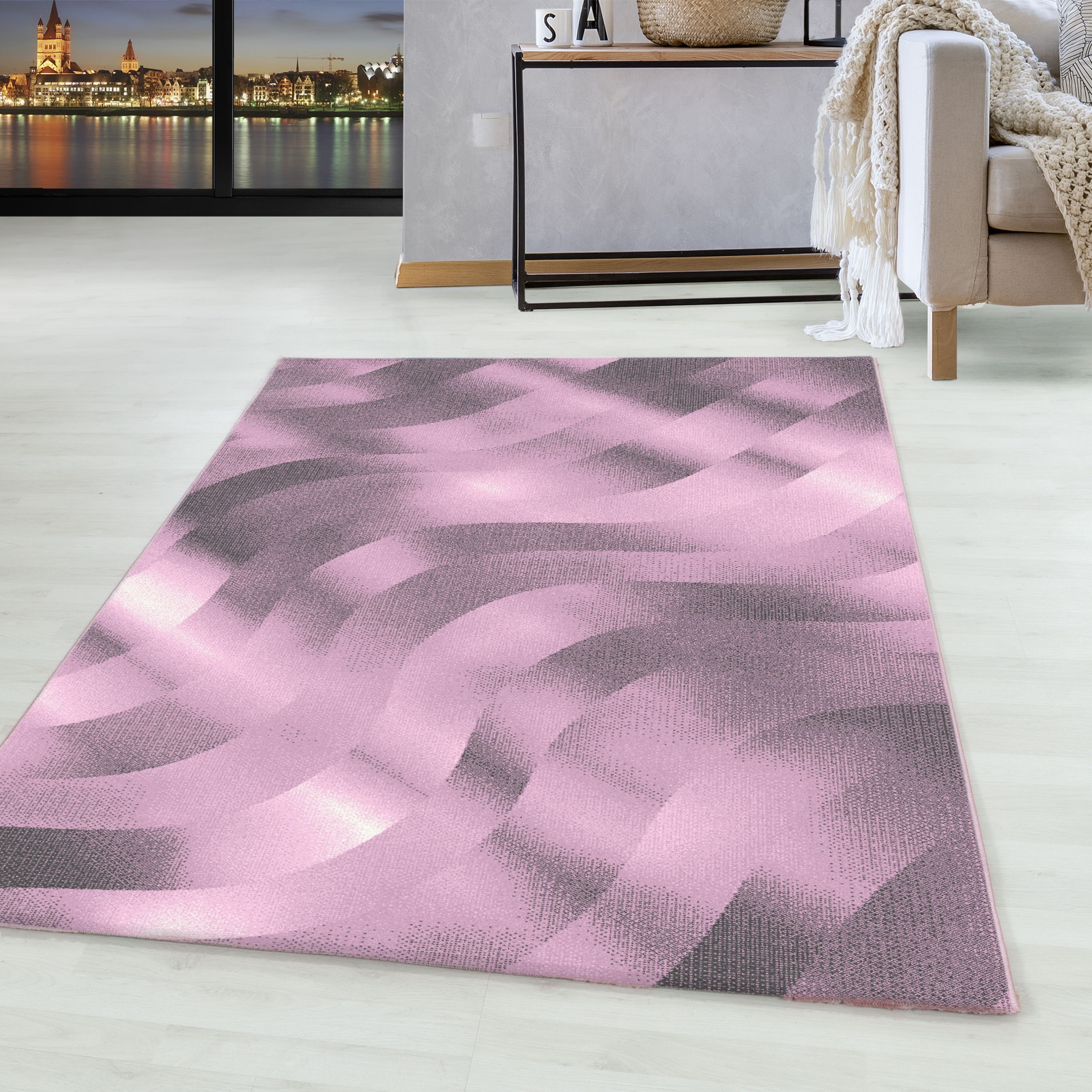 Weicher Kurzflor Teppich Wohnzimmerteppich Wellen Design Pink
