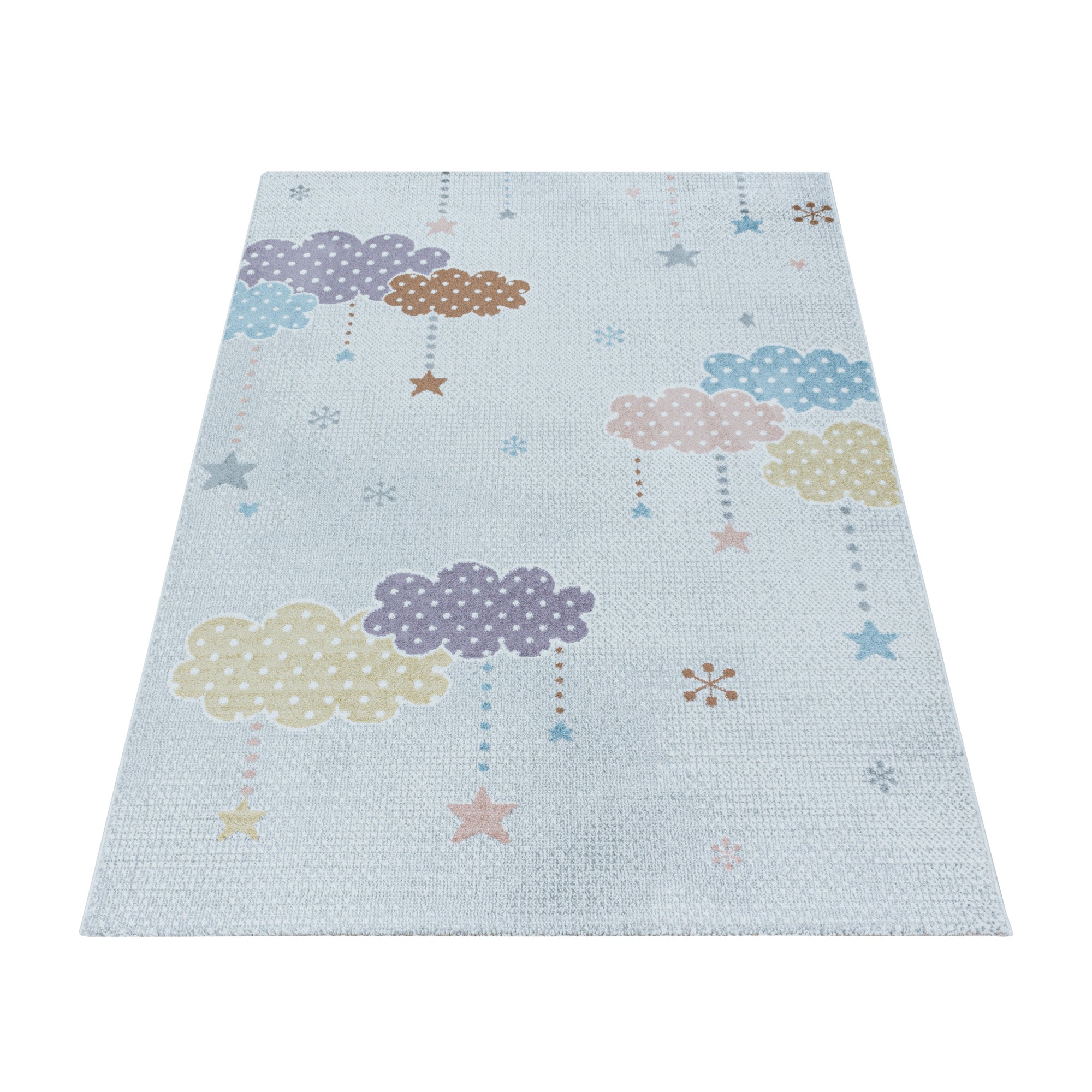 Kurzflor Kinderteppich Kinderzimmer Teppich Bunte Wolken Sterne Weich Weiss