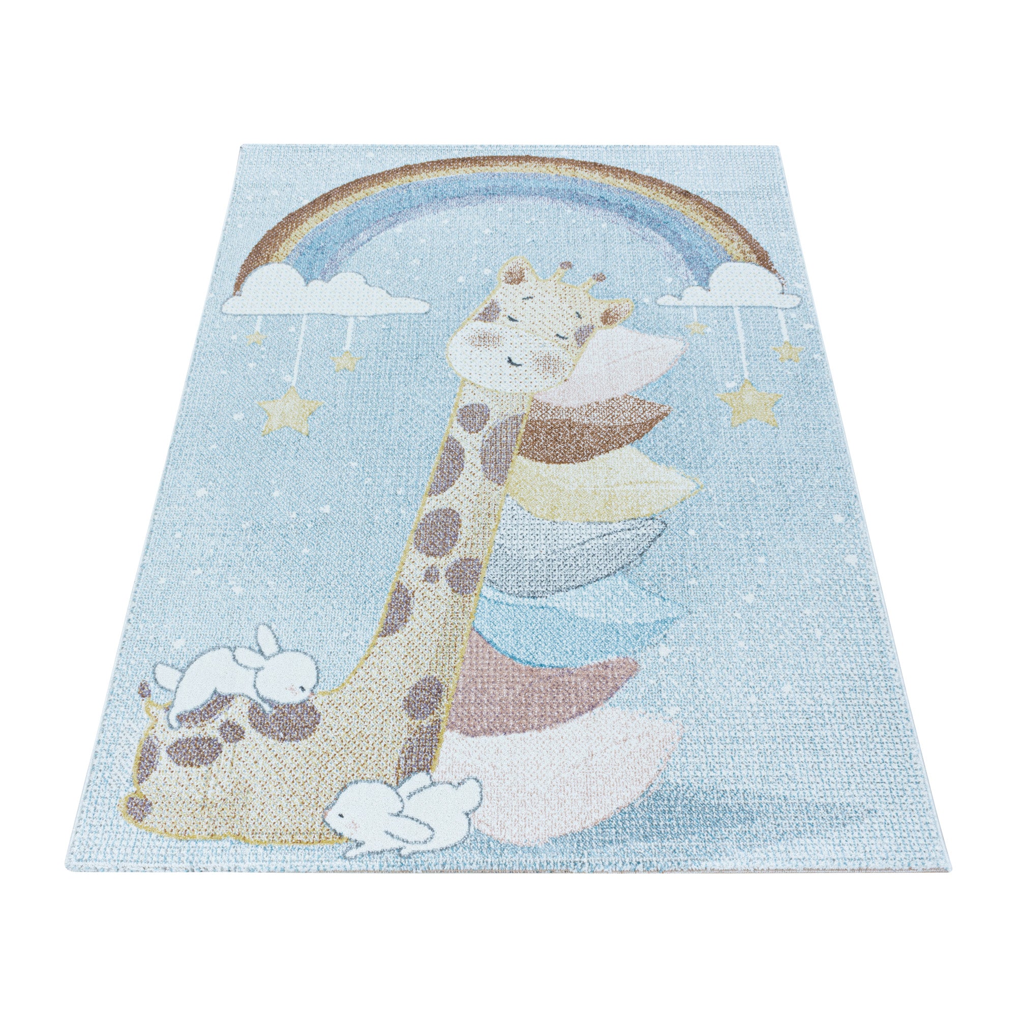 Kurzflor Kinderteppich Kinderzimmer Teppich Regenbogen Giraffe Weich Blau