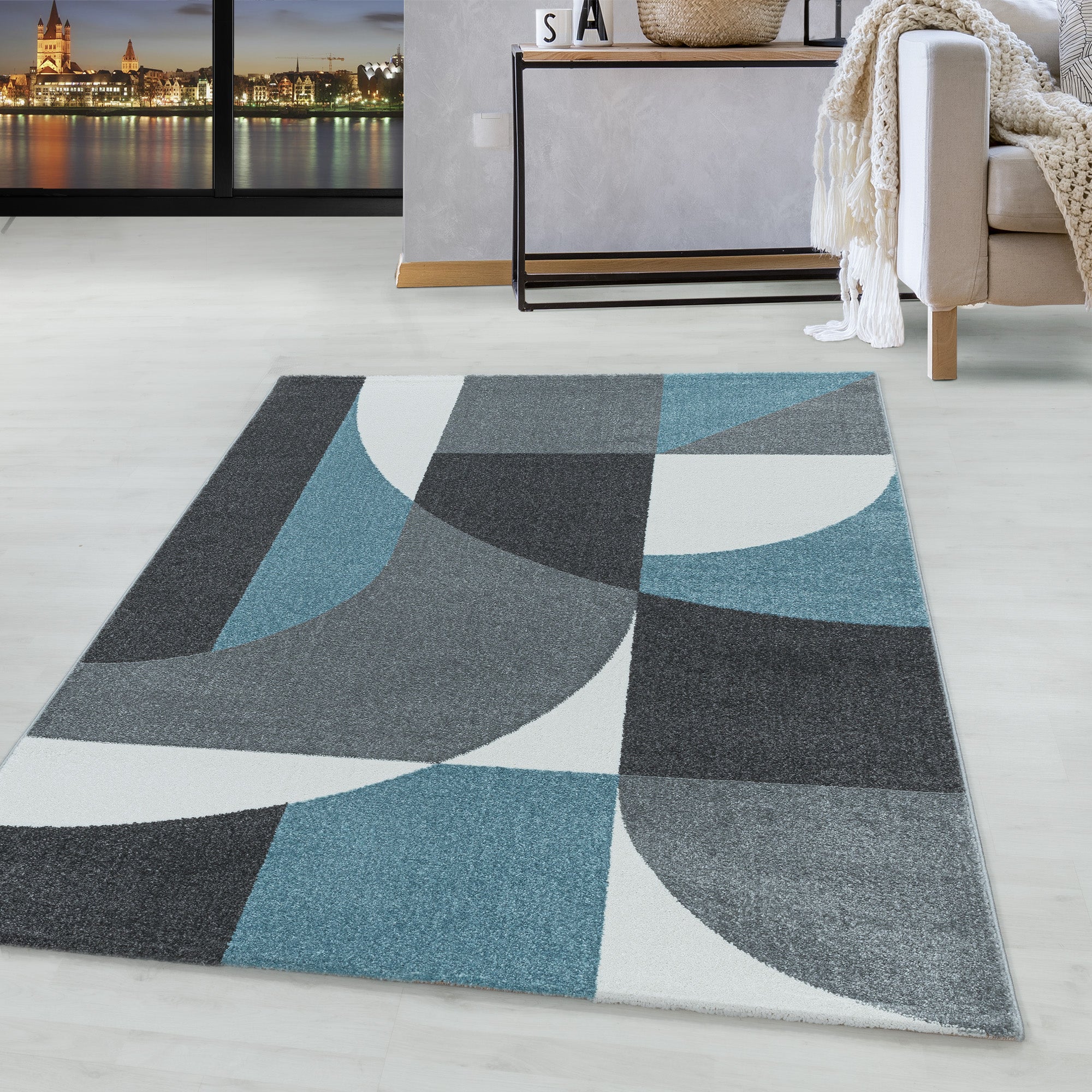 Kurzflor Design Teppich Wohnzimmerteppich Zipcode Muster Abstrakt Soft Flor Blau