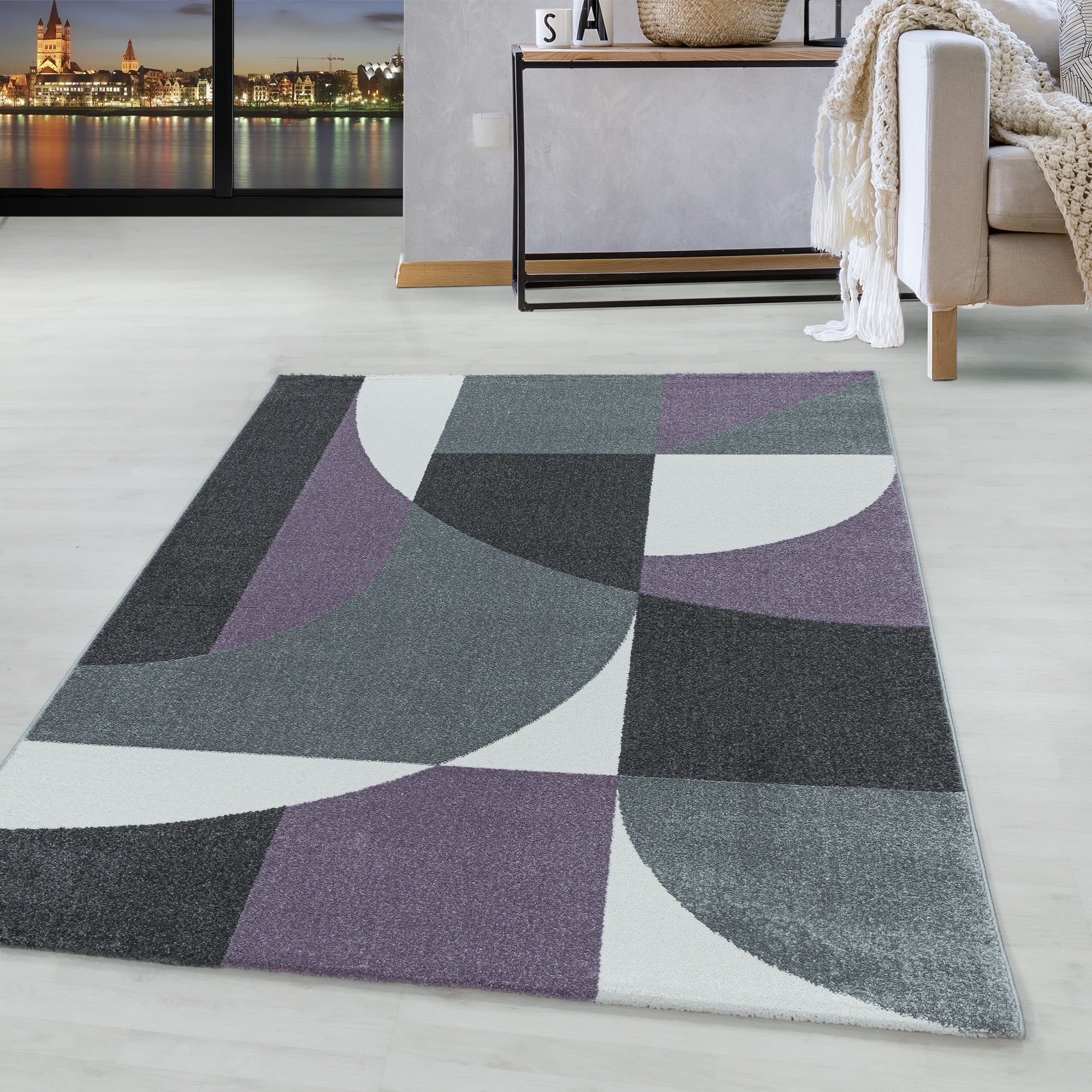Kurzflor Design Teppich Wohnzimmerteppich Zipcode Muster Abstrakt Violet
