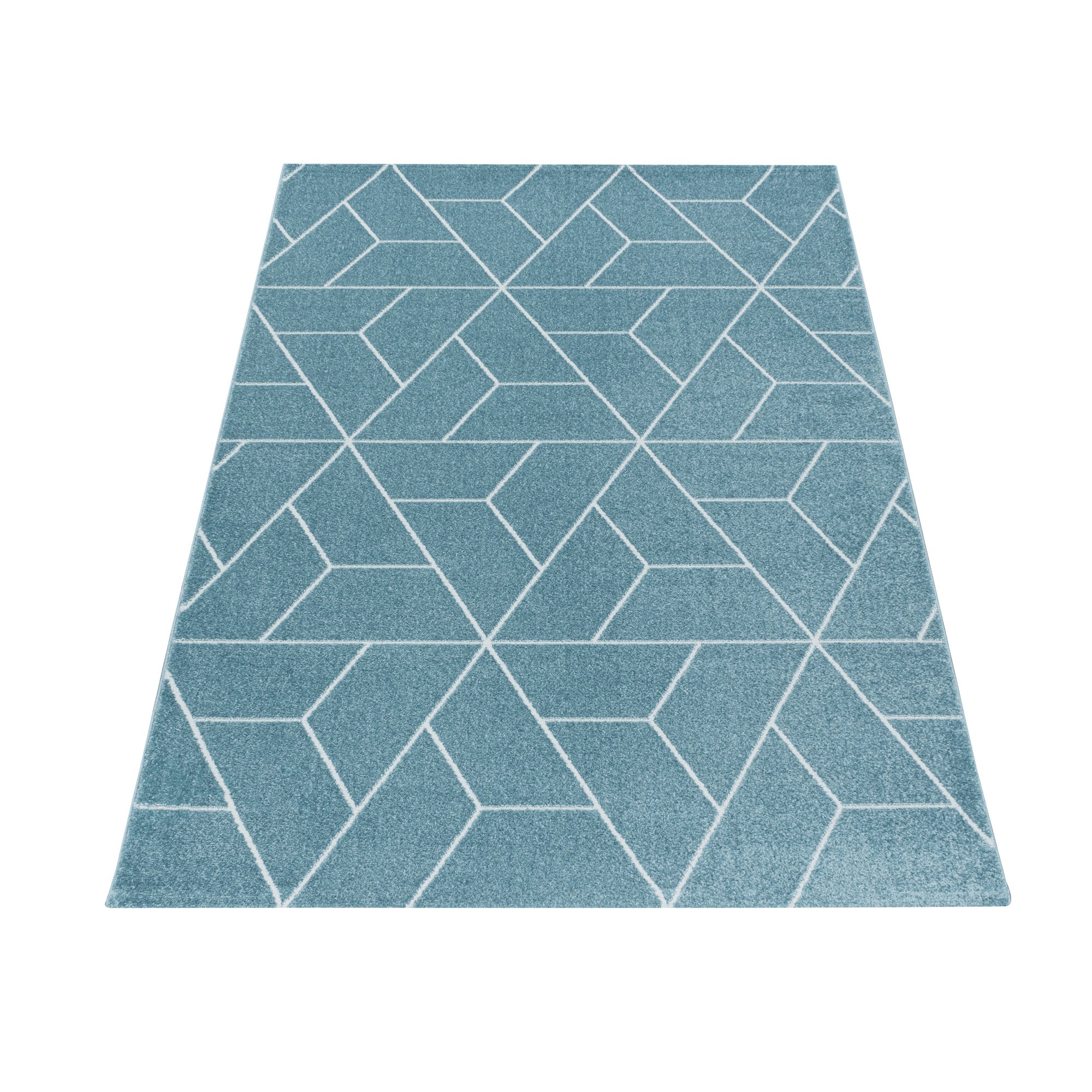 Kurzflor Design Teppich Wohnzimmerteppich Geometrisches Muster Linien Soft Blau