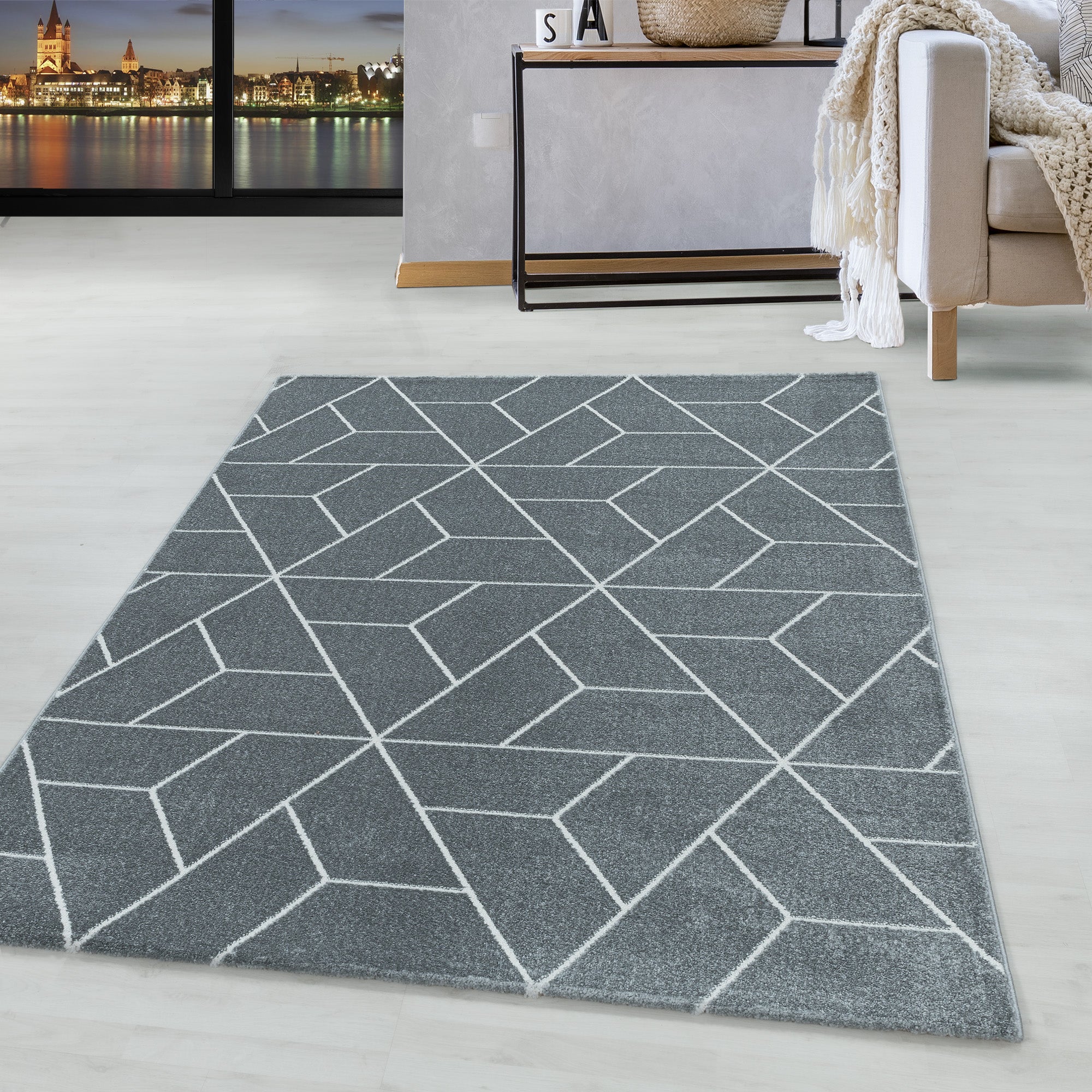 Kurzflor Design Teppich Wohnzimmerteppich Geometrisches Muster Linien Grau