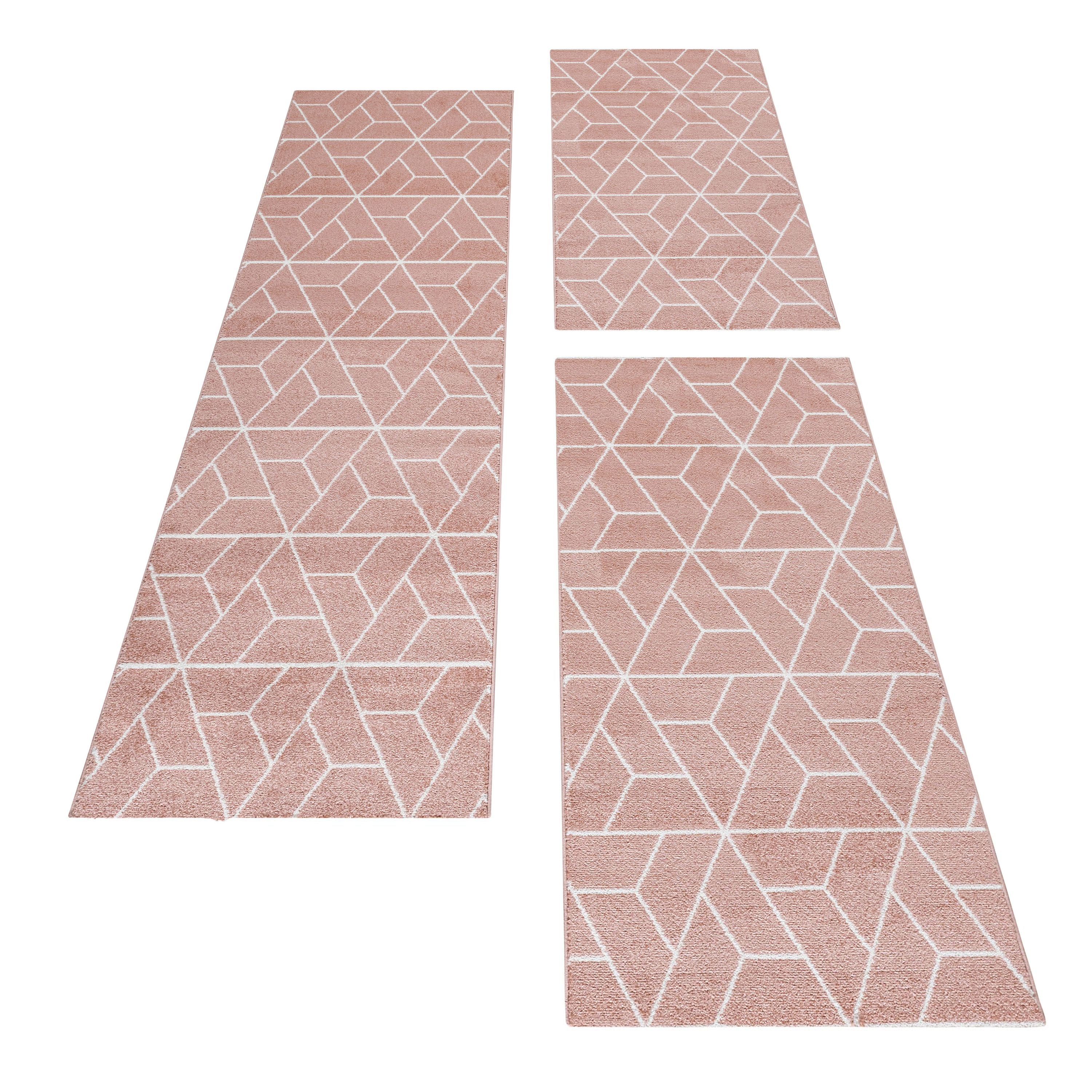 Kurzflor Teppich Set Schlafzimmer Läufer Geometrisches Design 3 Teile Rose