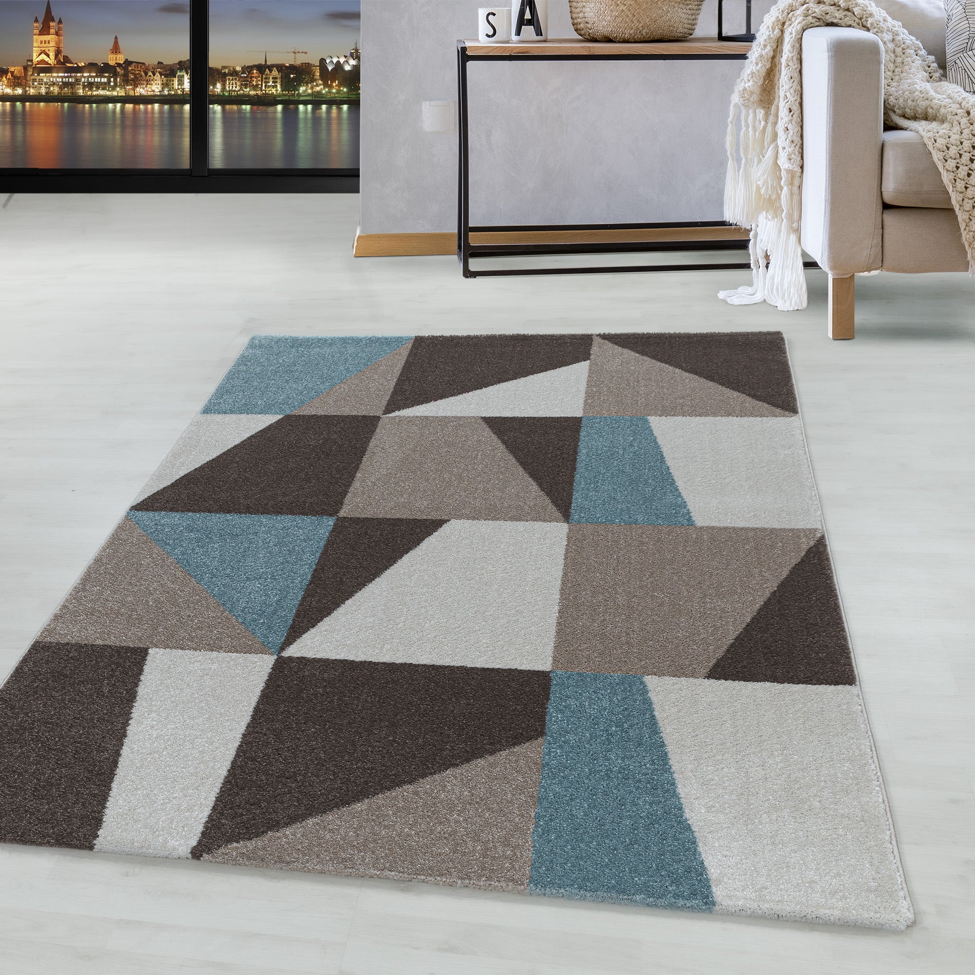 Kurzflor Design Teppich Wohnzimmerteppich Zipcode Muster Dreieck Trapez Blau