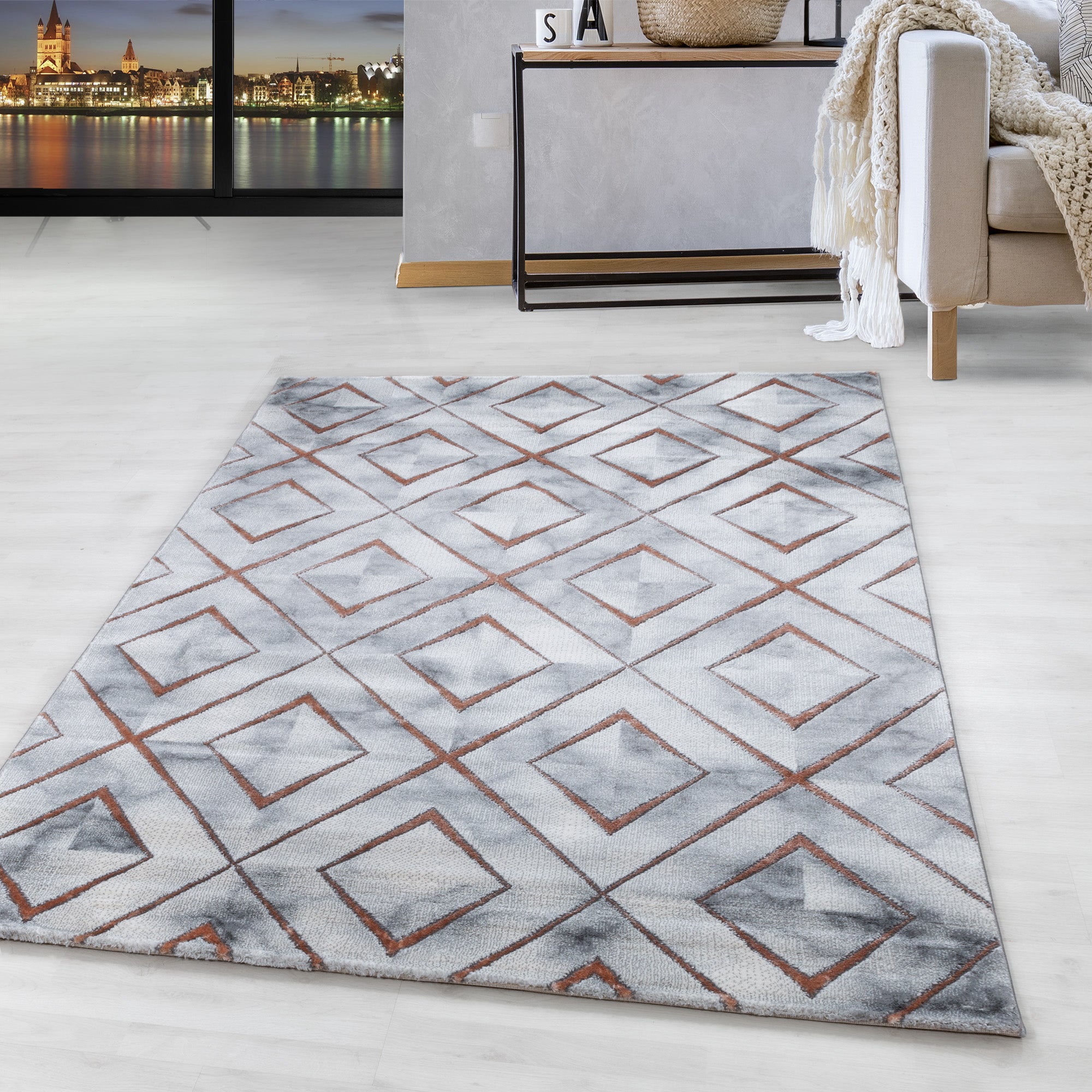Kurzflor Design Teppich Wohnzimmerteppich Muster Marmoriert Raute Karo Bronze