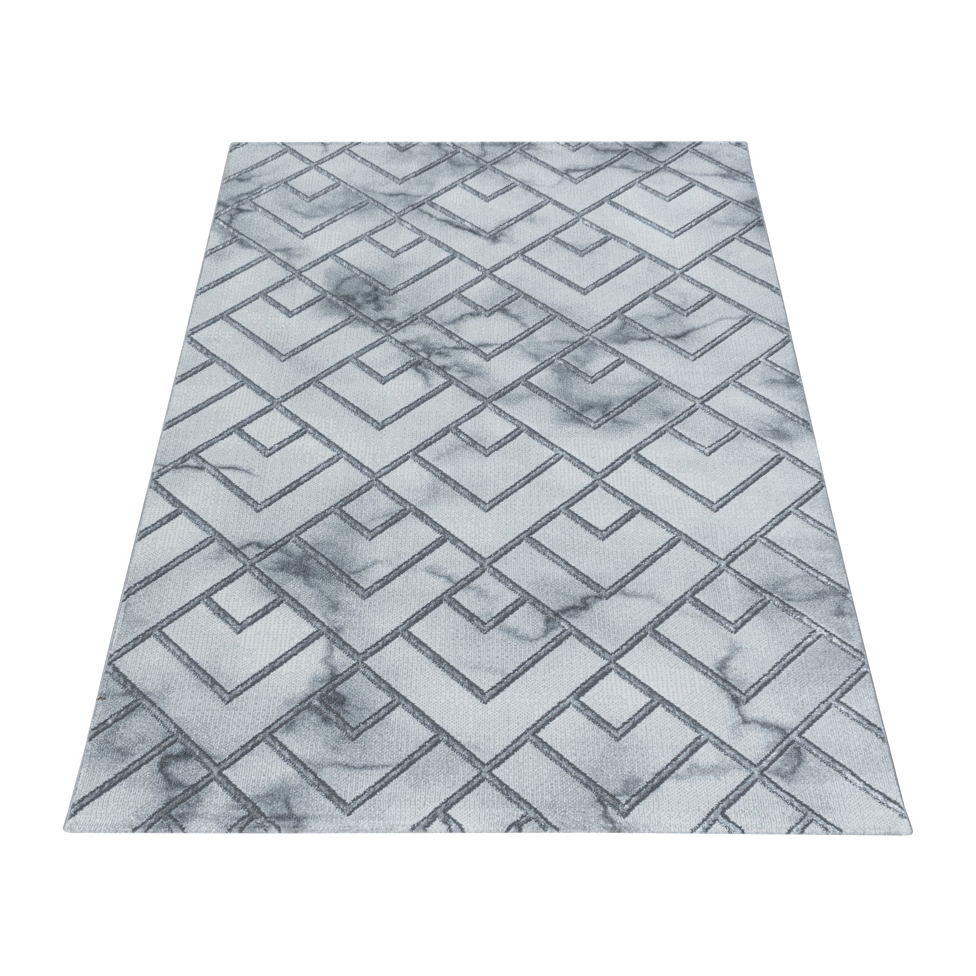 Kurzflor Design Teppich Wohnzimmerteppich Muster Marmoriert Linien Karo Silber