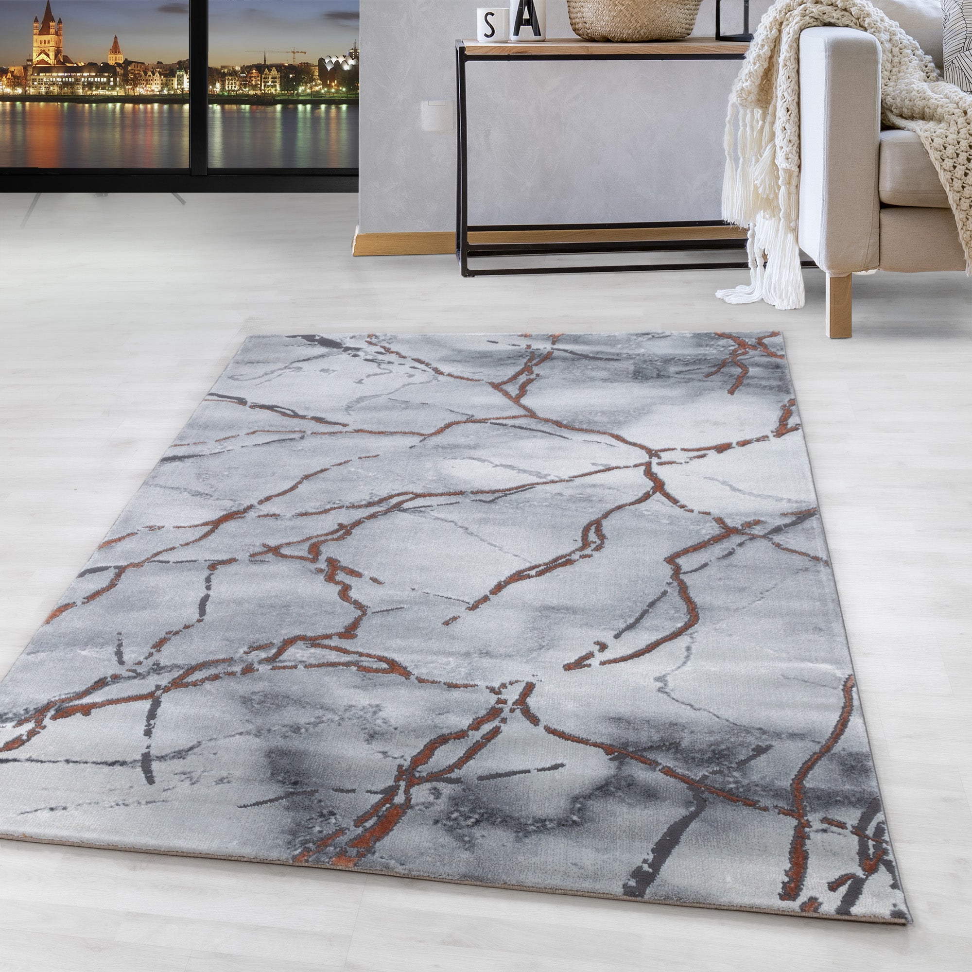 Kurzflor Design Teppich Wohnzimmerteppich Marmor Muster Marmoriert Bronze