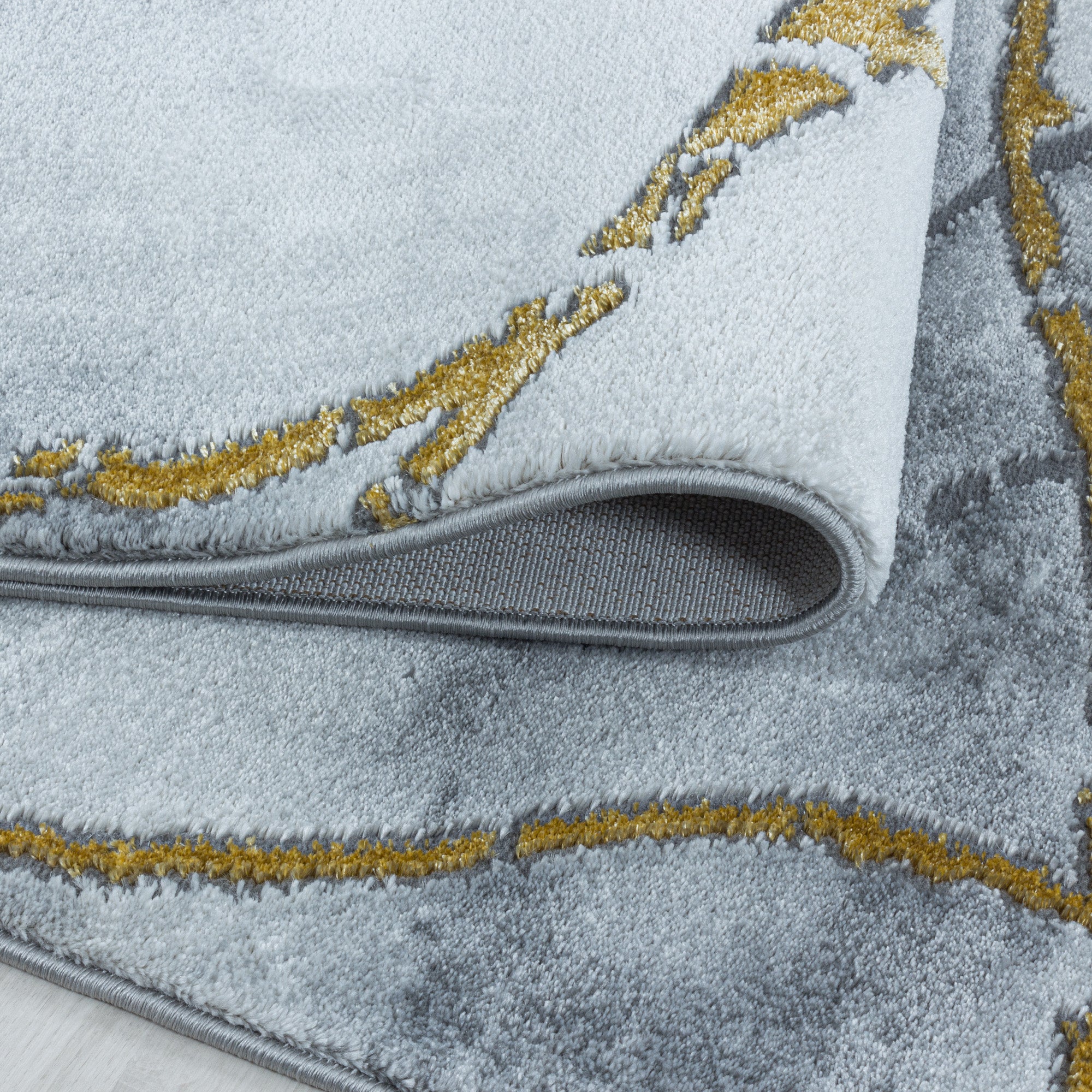Kurzflor Teppich Set Schlafzimmer Läufer Marmor Muster Marmoriert 3 Teile Gold