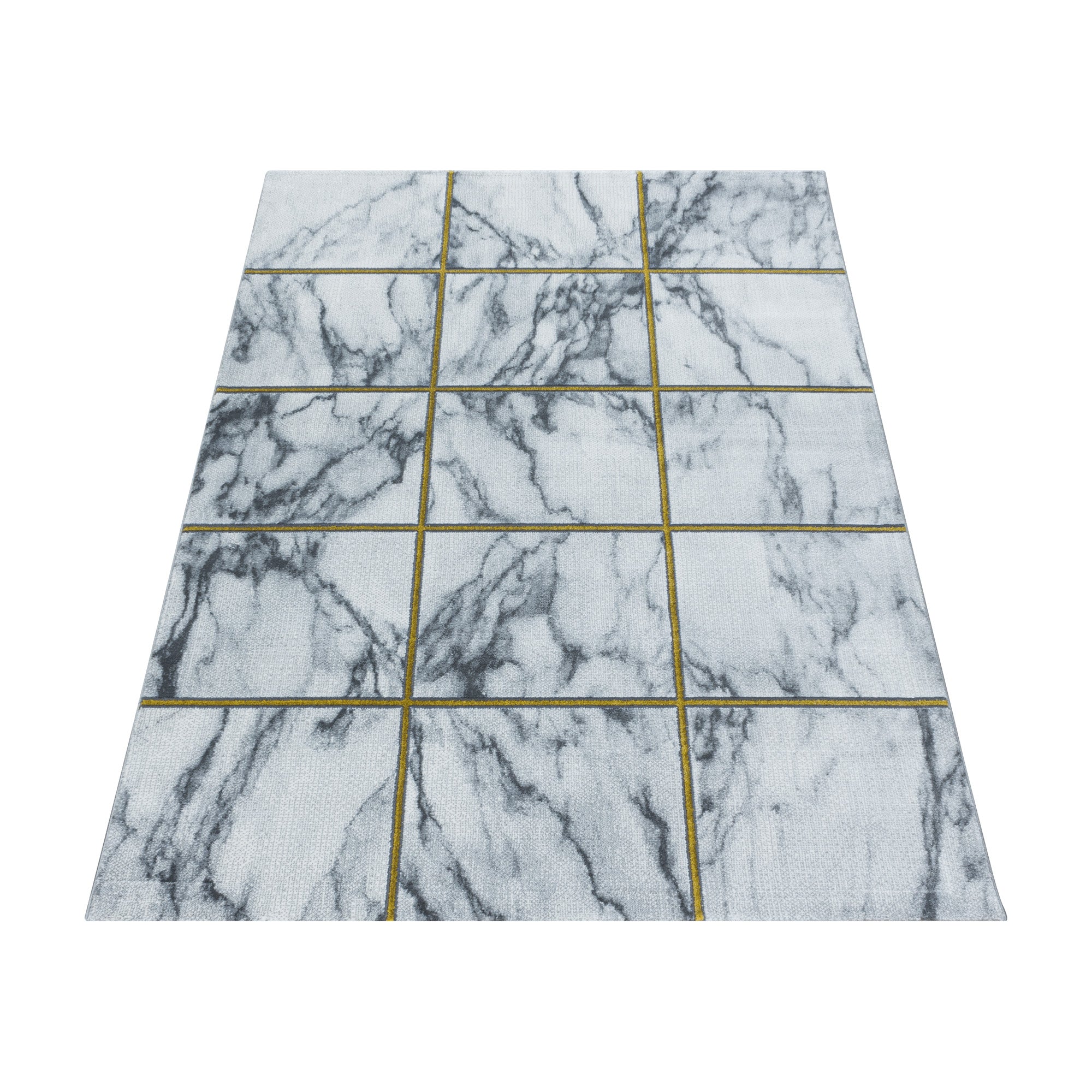 Kurzflor Design Teppich Wohnzimmerteppich Vierecke Muster Marmoriert Gold