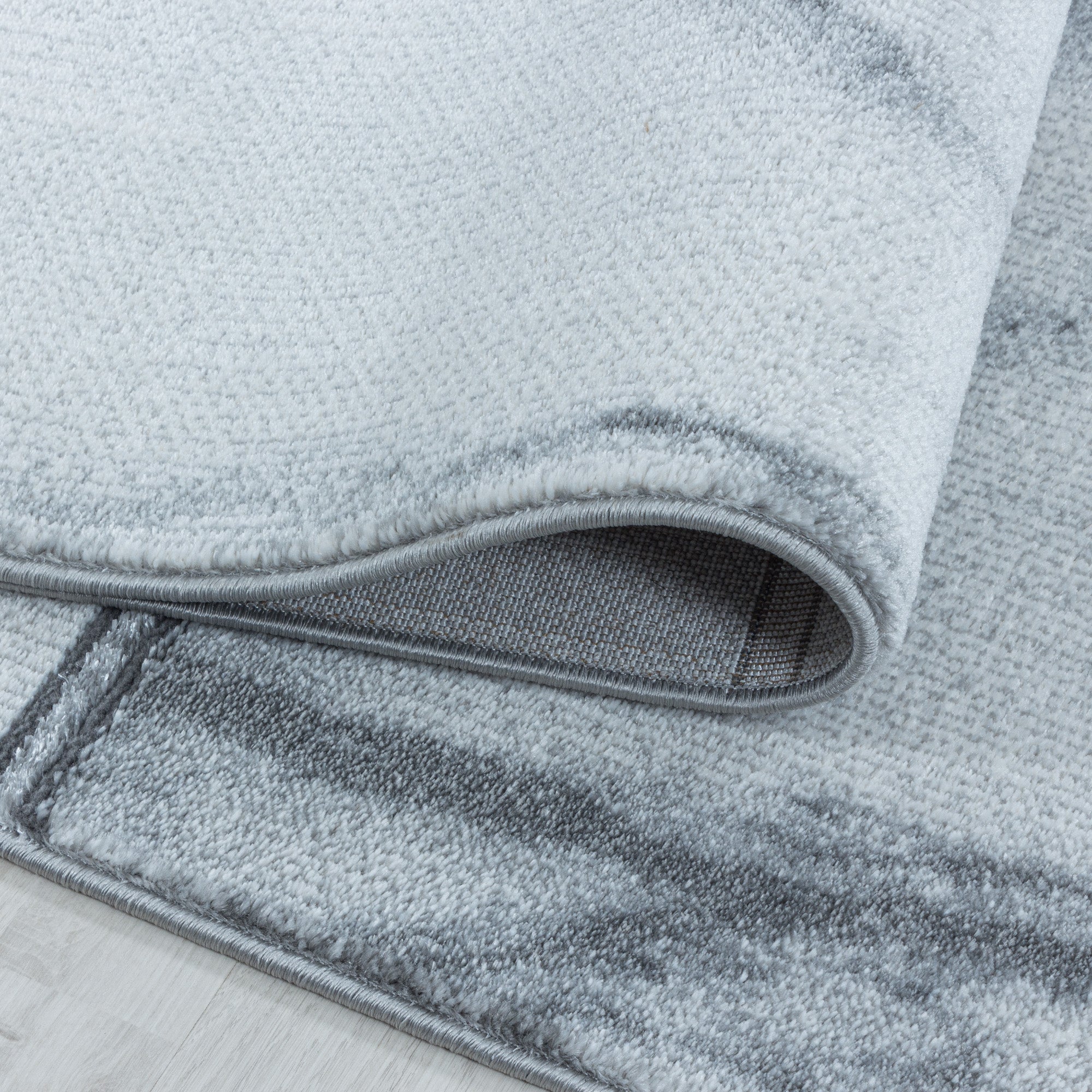 Kurzflor Design Teppich Wohnzimmerteppich Vierecke Muster Marmoriert Silber