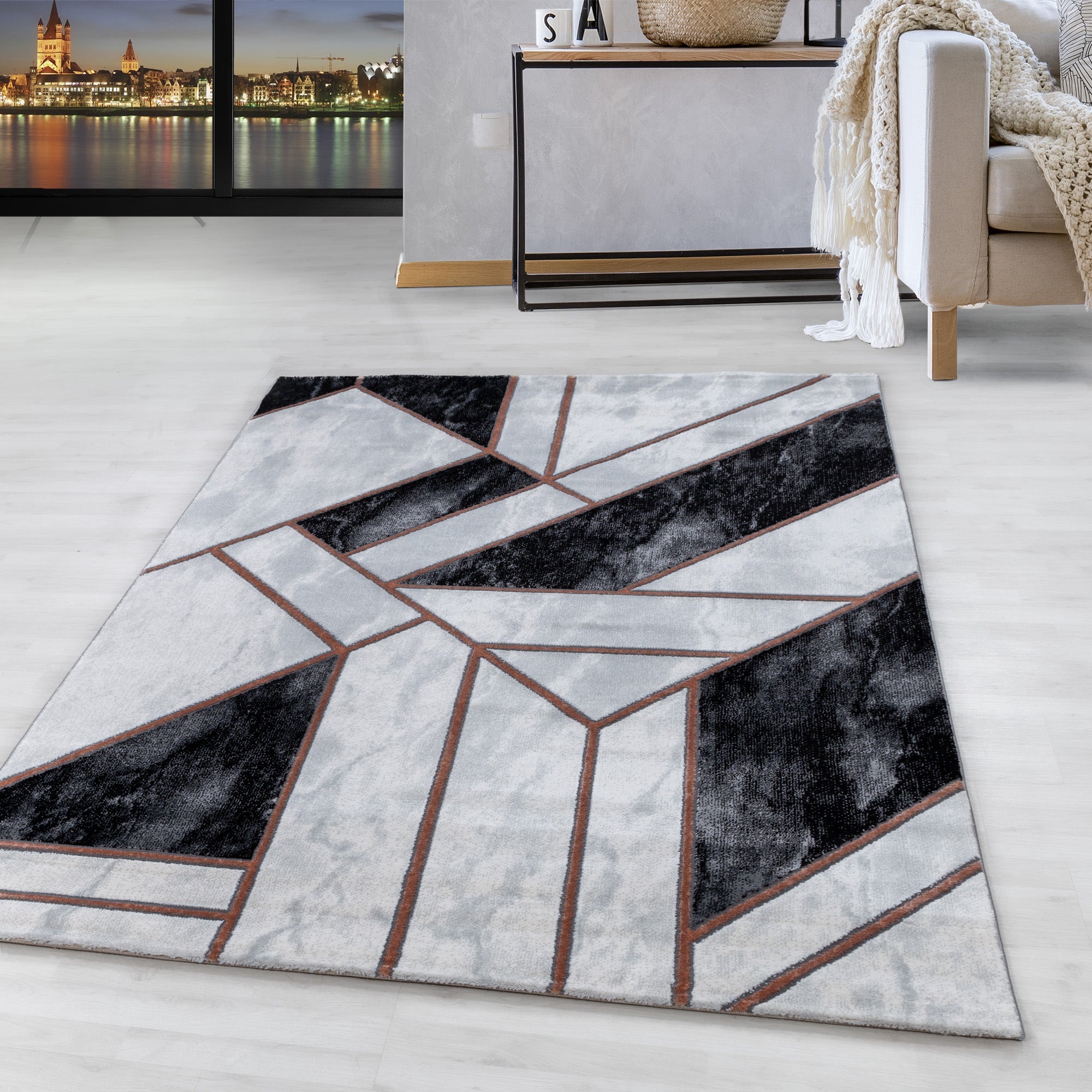 Kurzflor Design Teppich Wohnzimmerteppich Marmor Muster Abstrakt Linien Bronze
