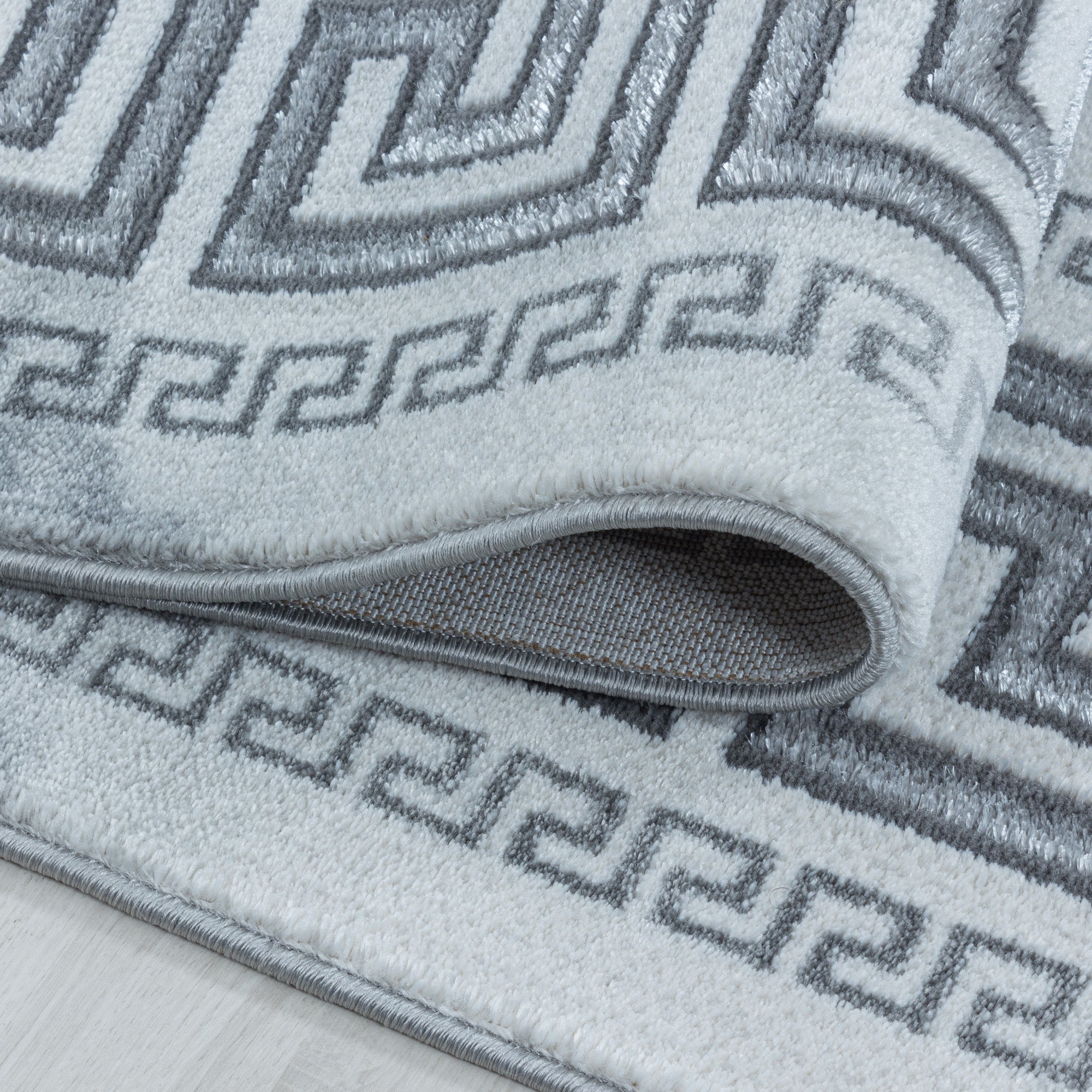 Kurzflor Design Teppich Wohnzimmerteppich Marmor Muster Bordüre Antik Silber