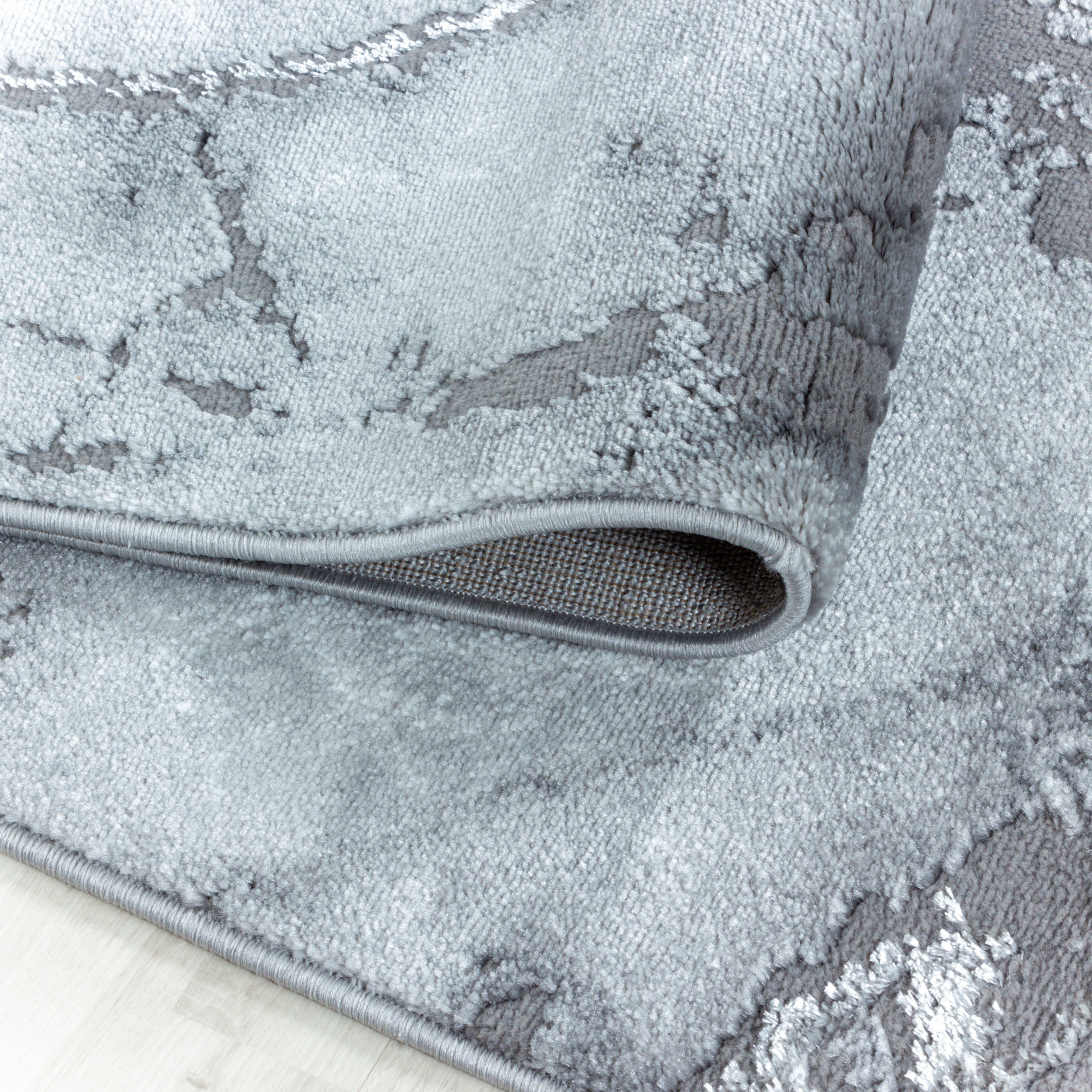 Kurzflor Teppich Wohnzimmerteppich 3-D Muster Marmoriert Soft Touch Flor Silber