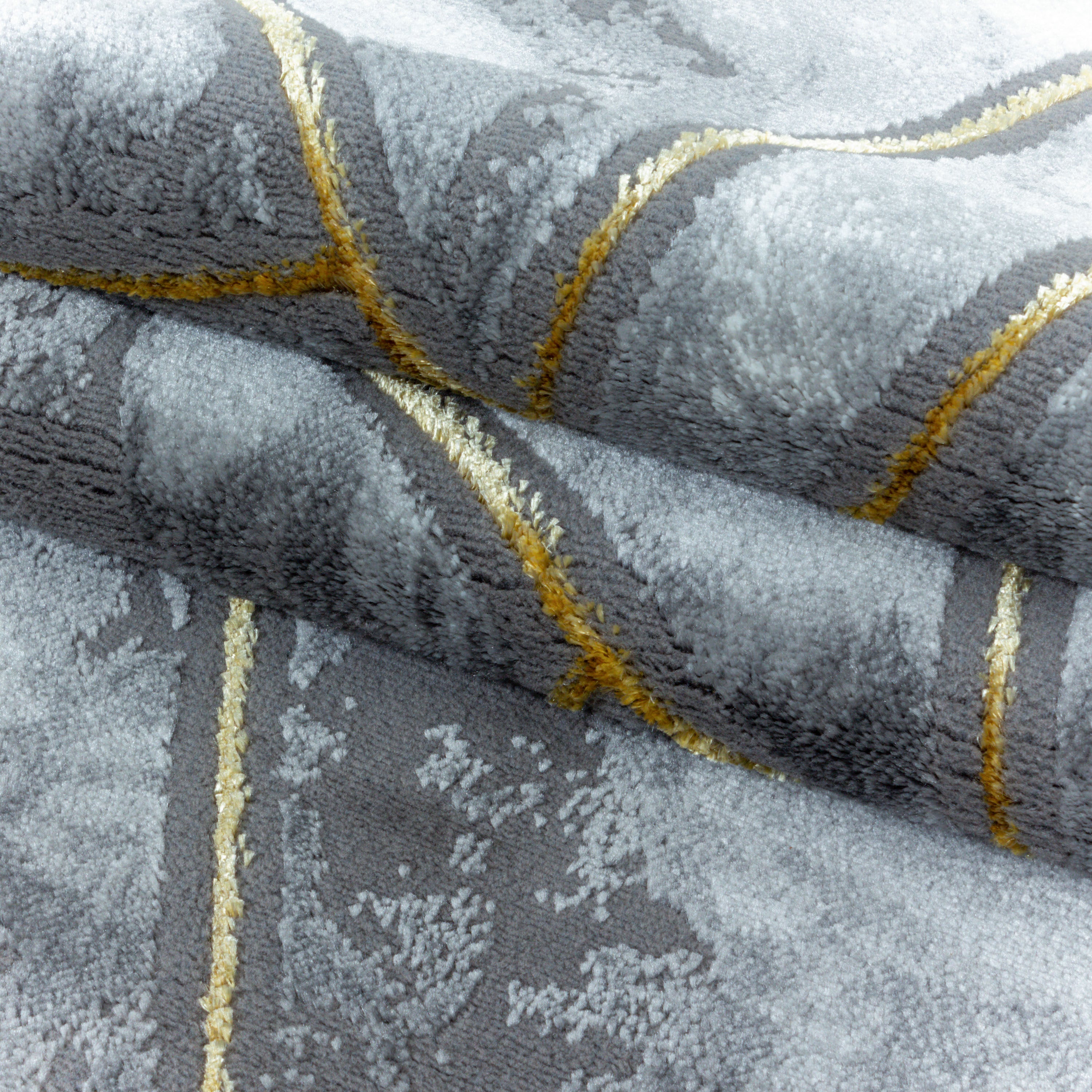 Kurzflor Teppich Wohnzimmerteppich 3-D Gitter Abstrakt Marmor Muster Gold