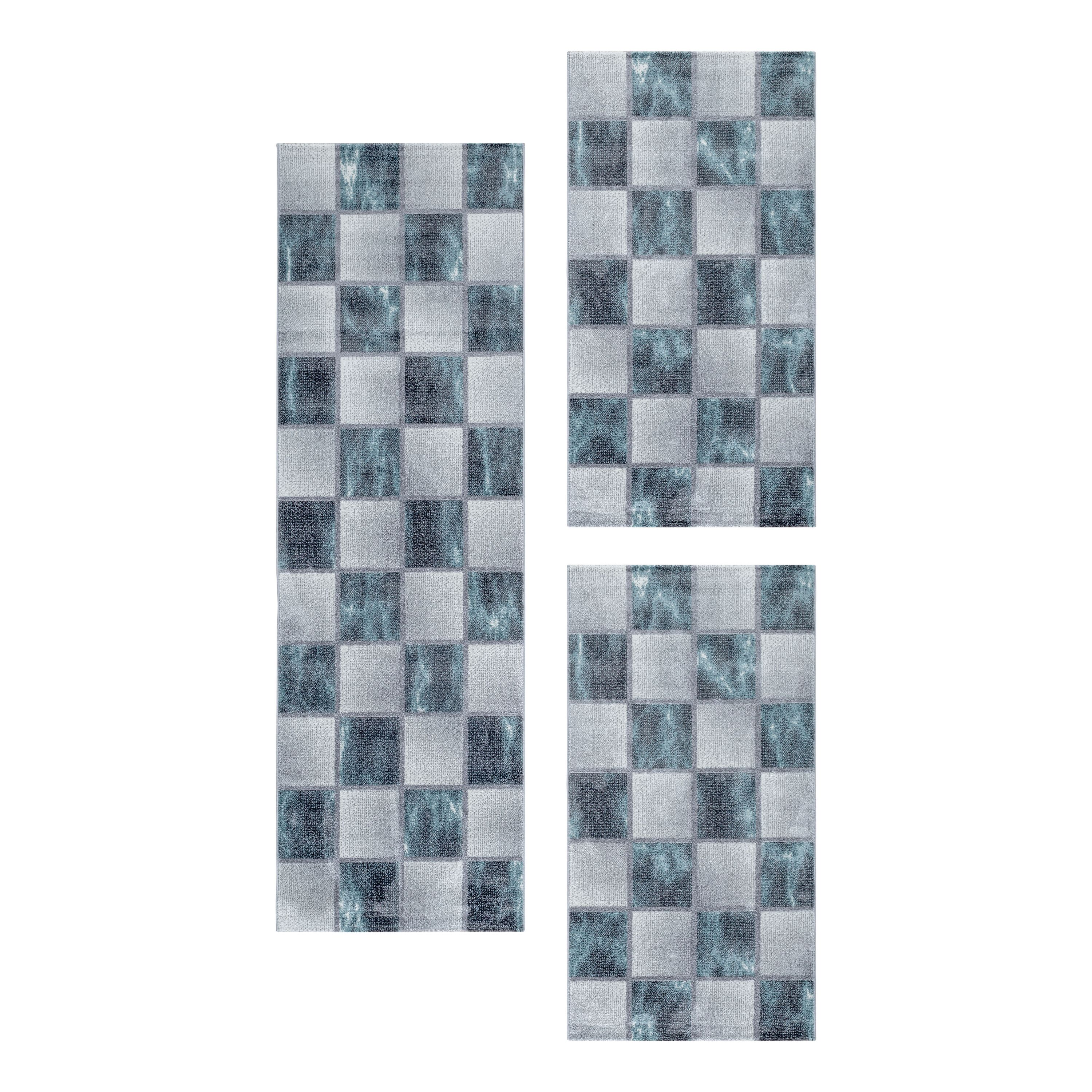 Kurzflor Teppich Bettset Blau Grau Quadrat Muster Marmoriert 3 Teile Läufer Soft