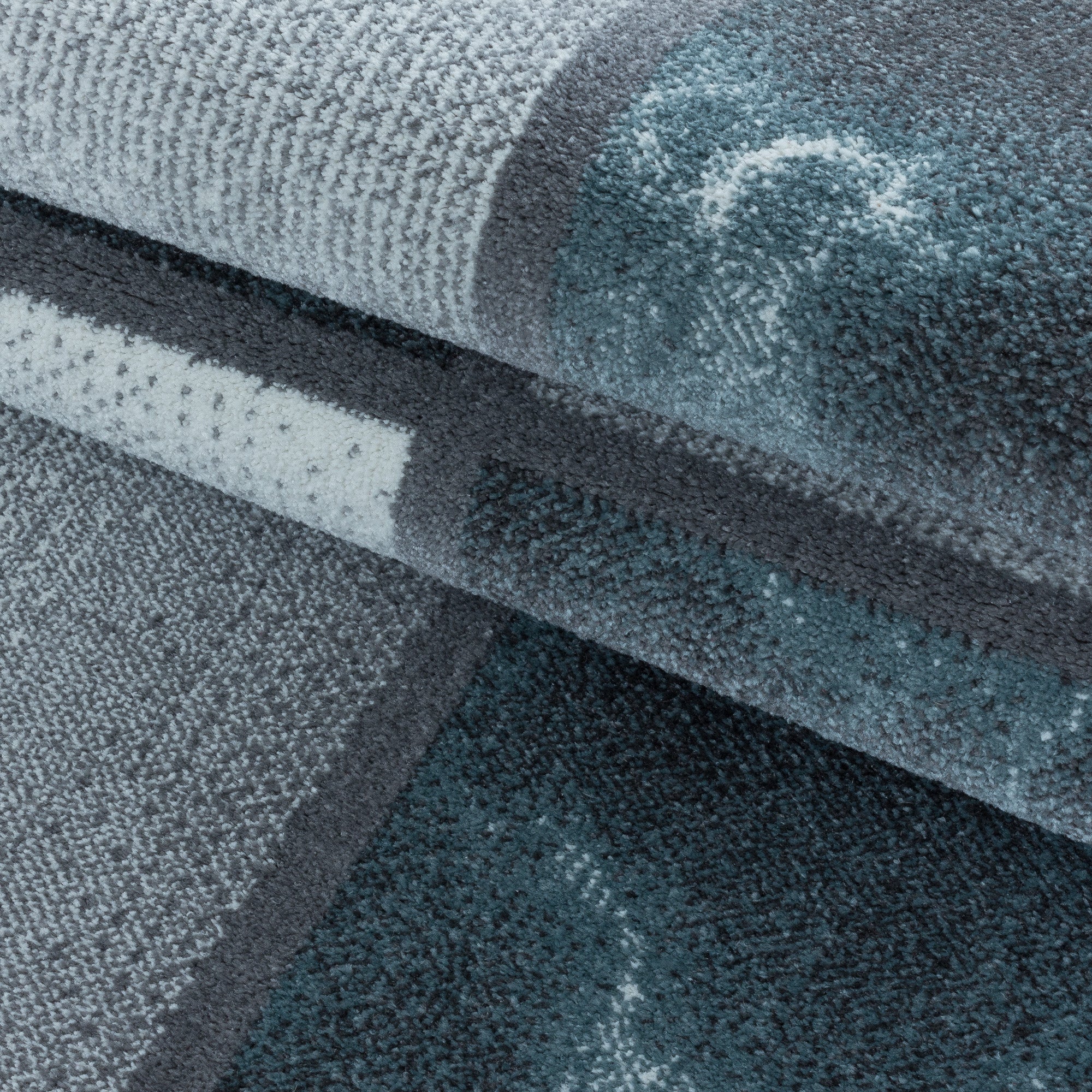 Kurzflor Teppich Blau Grau Quadrat Muster Marmoriert Wohnzimmerteppich Weich