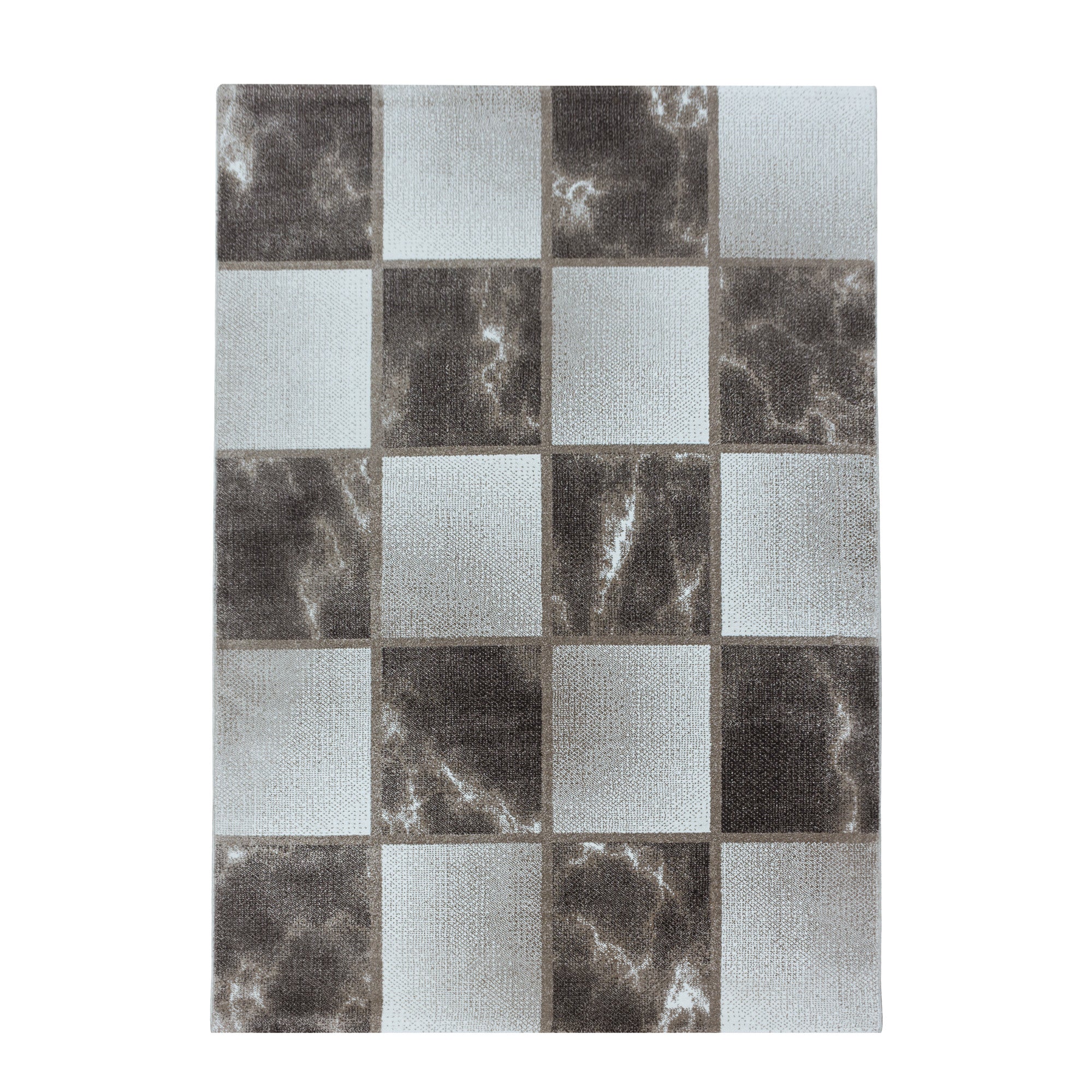 Kurzflor Teppich Braun Grau Quadrat Muster Marmoriert Wohnzimmerteppich Weich
