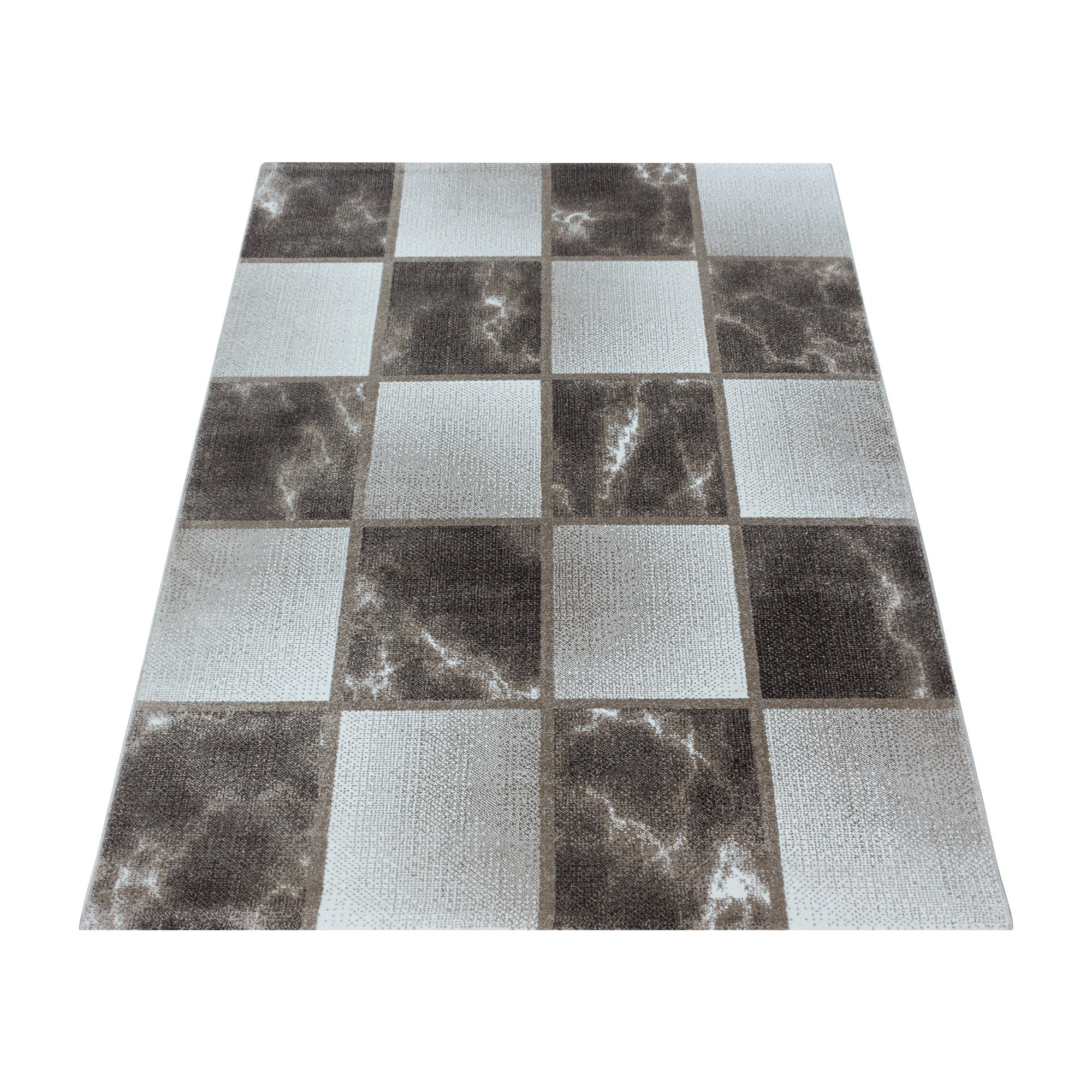 Kurzflor Teppich Braun Grau Quadrat Muster Marmoriert Wohnzimmerteppich Weich