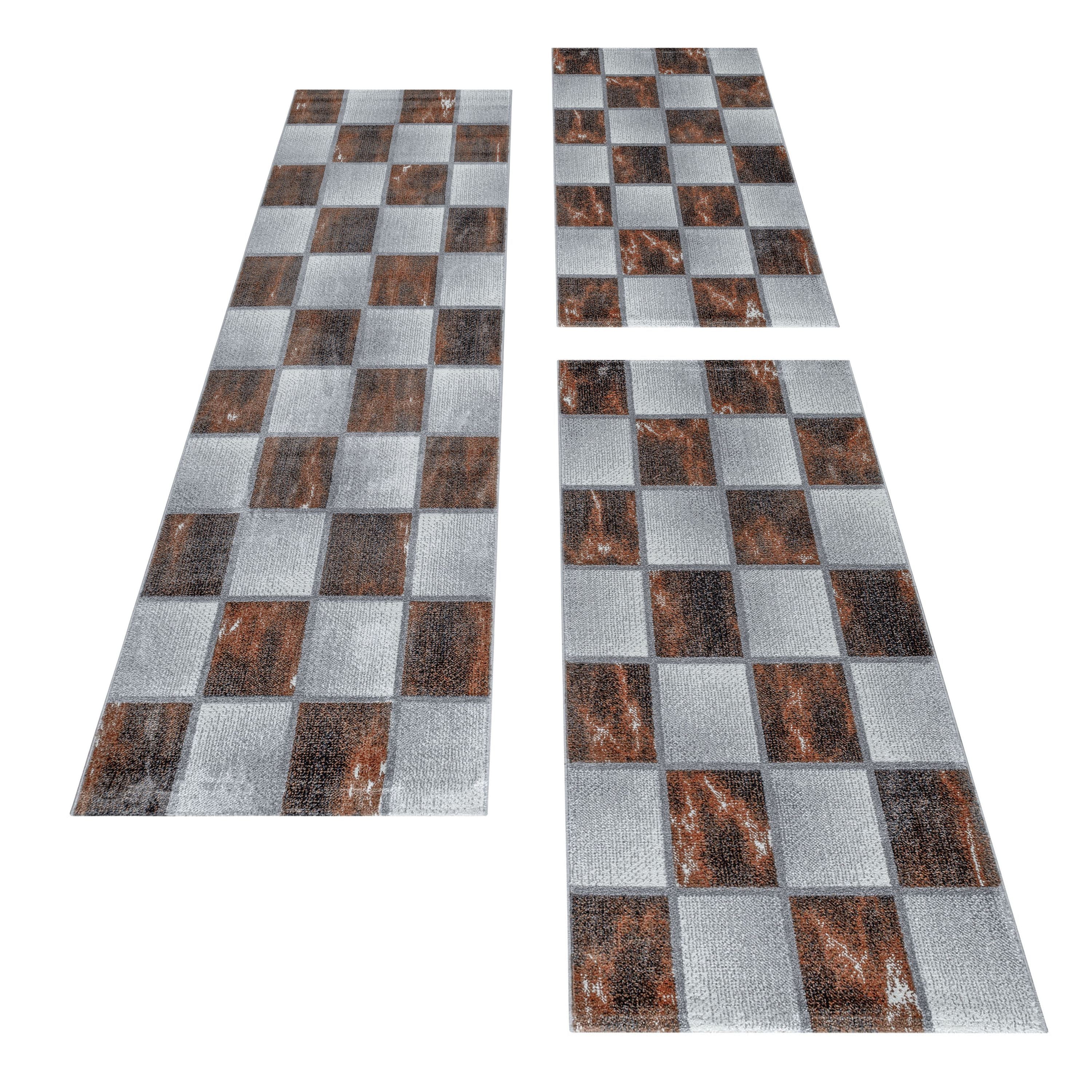 Kurzflor Teppich Bettset Terra Grau Quadrat Muster Marmoriert 3 Teile Läufer