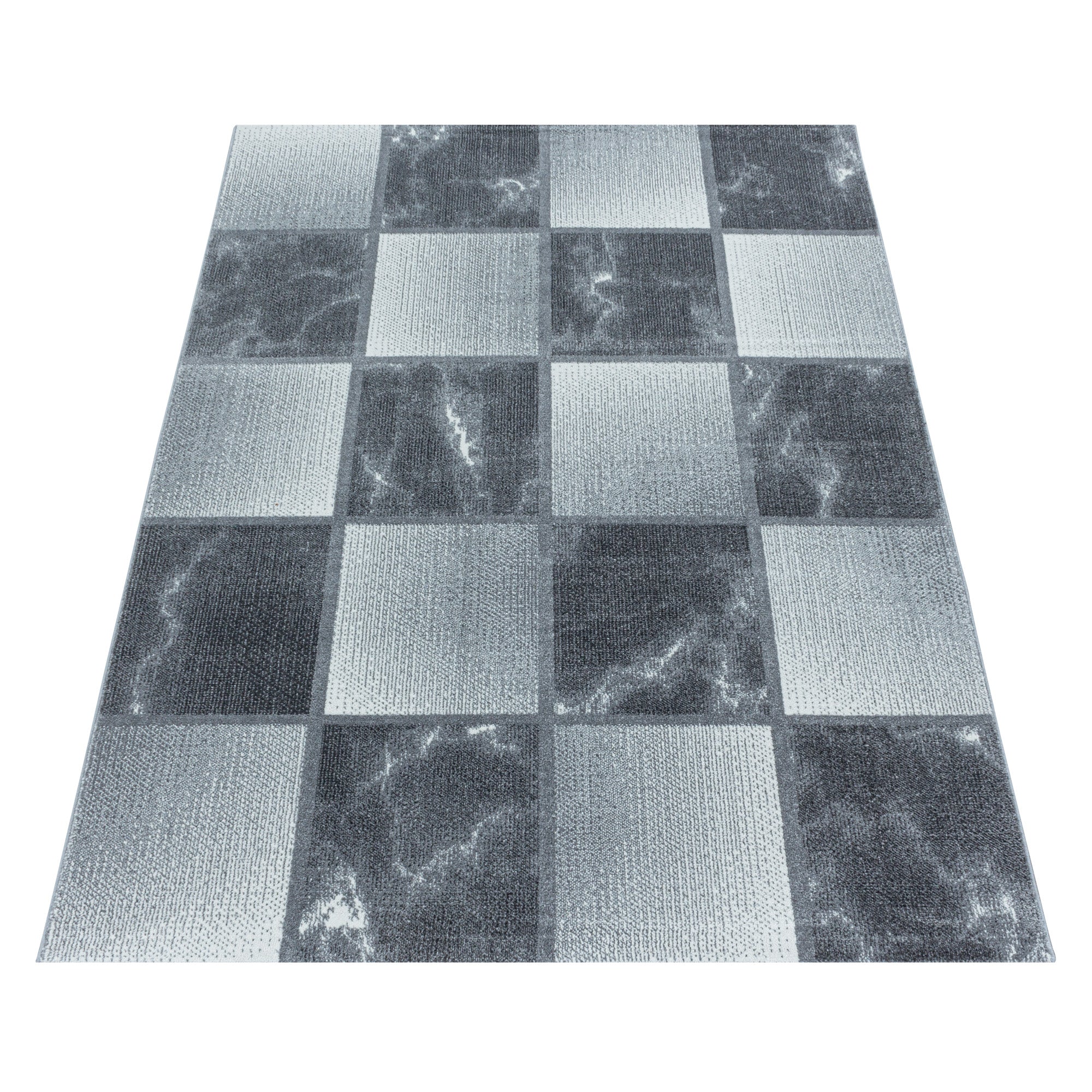 Kurzflor Teppich Grau Hellgrau Quadrat Muster Marmoriert Wohnzimmerteppich Weich