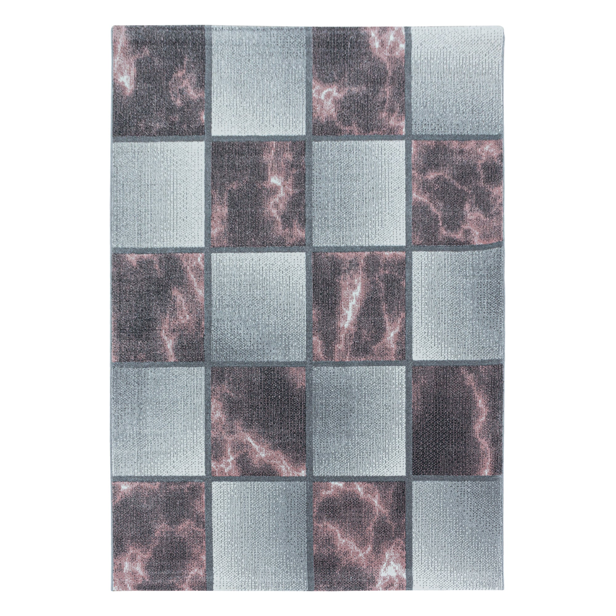 Kurzflor Teppich Rosa Grau Quadrat Muster Marmoriert Wohnzimmerteppich Weich