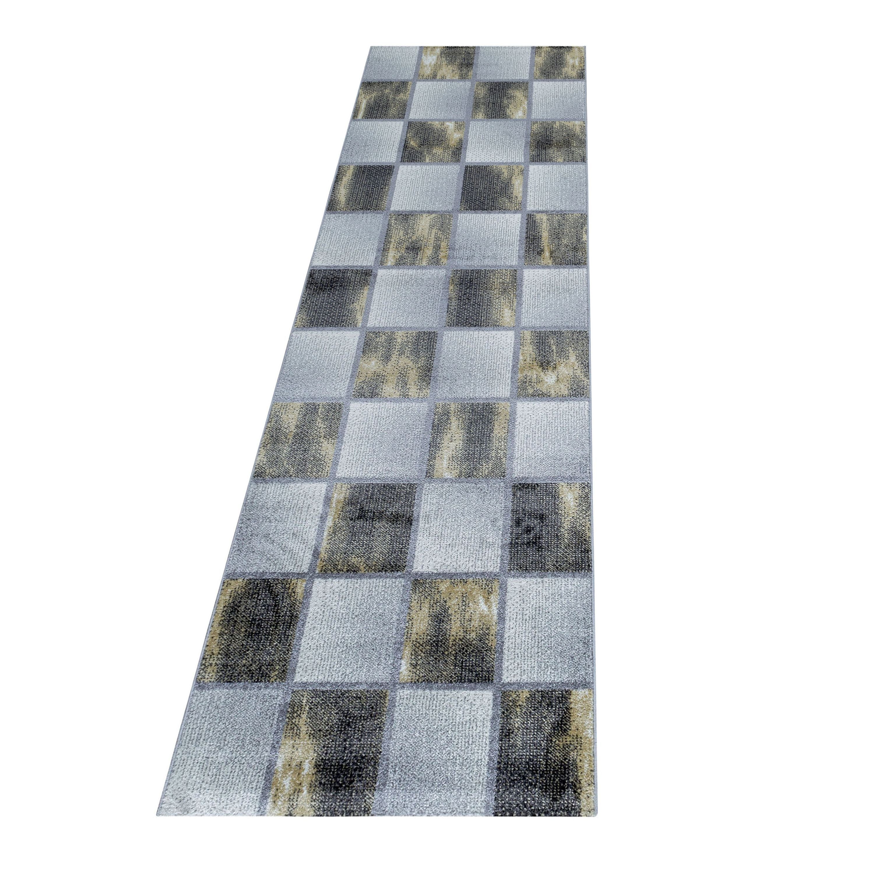 Kurzflor Teppich Bettset Gelb Grau Quadrat Muster Marmoriert 3 Teile Läufer Set