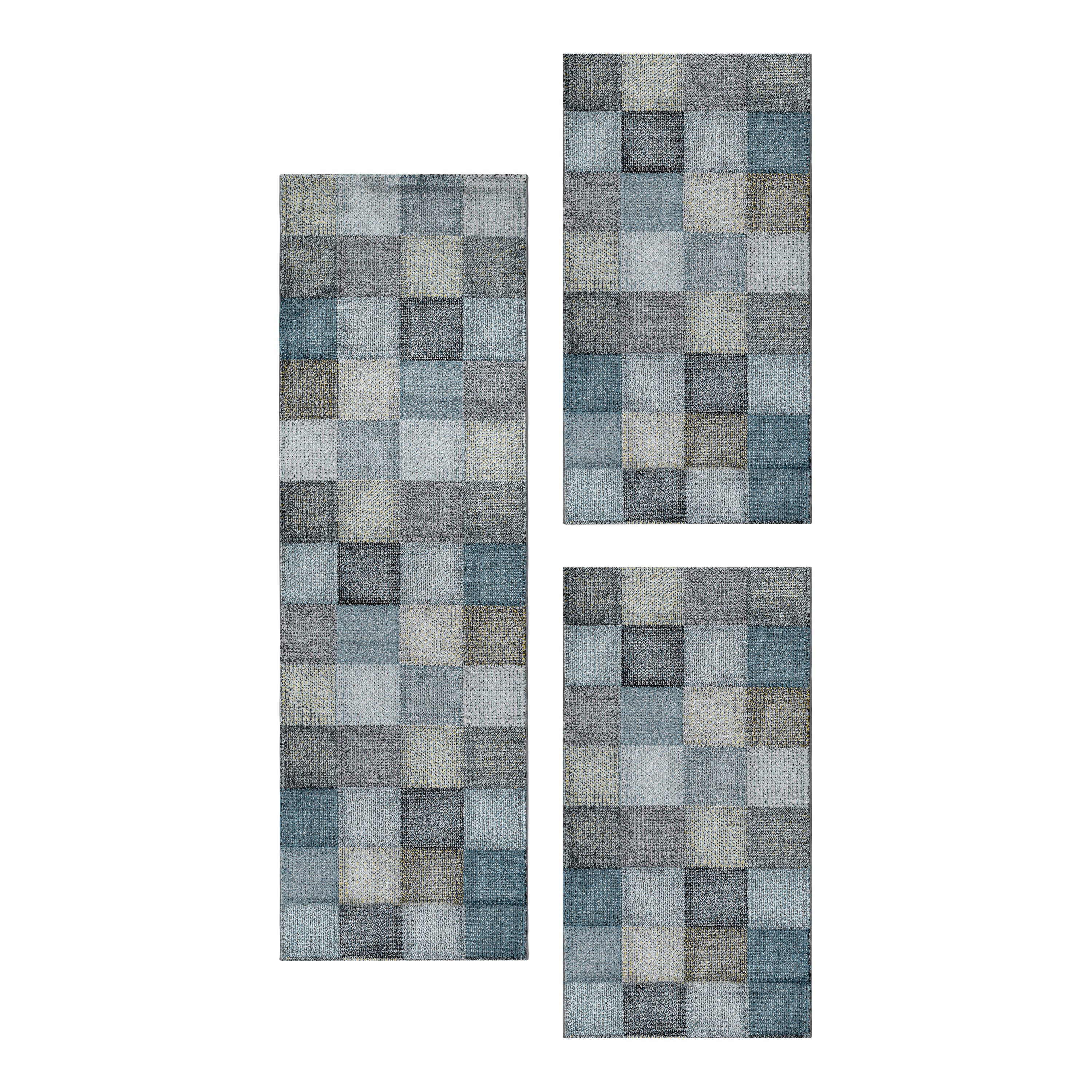 Kurzflor Teppich Bettset Blau Grau Quadrat Pixel Muster Läuferset 3 Teile Weich