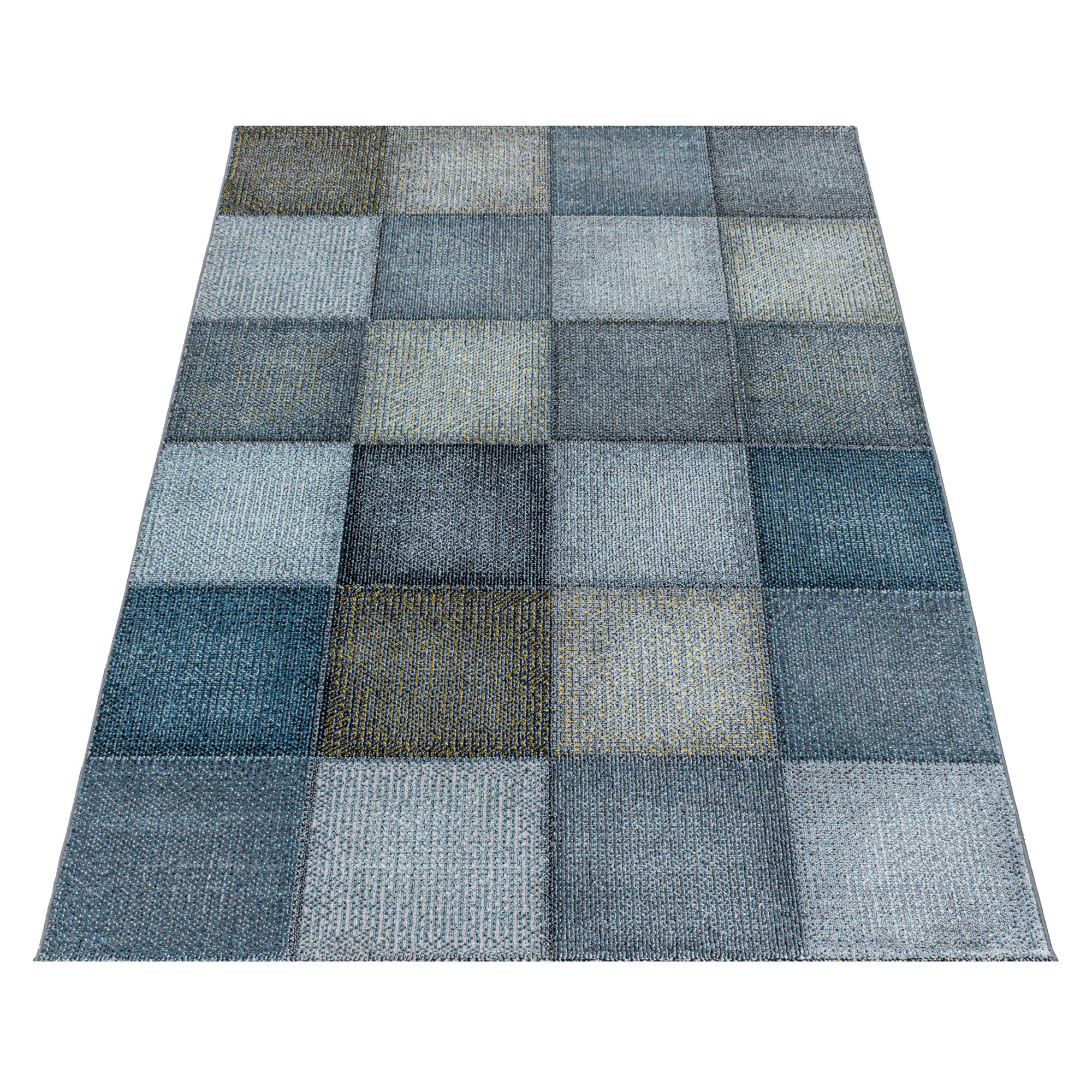 Kurzflor Teppich Blau Grau Modernes Quadrat Pixel Muster Wohnteppich Weich