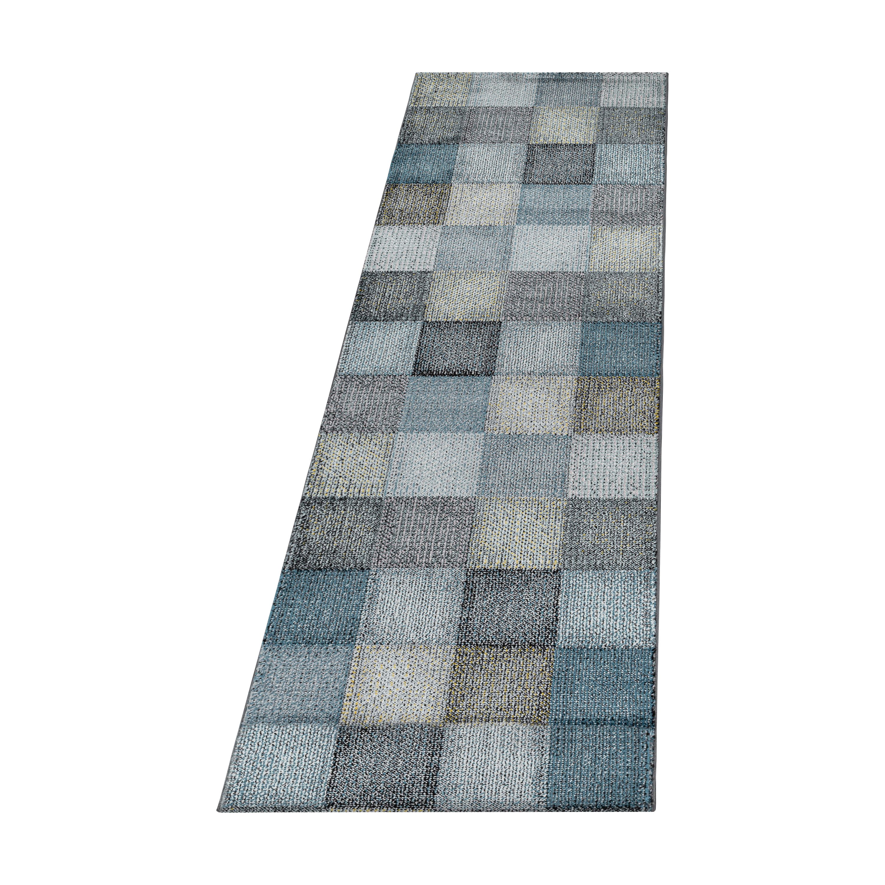 Kurzflor Teppich Bettset Blau Grau Quadrat Pixel Muster Läuferset 3 Teile Weich