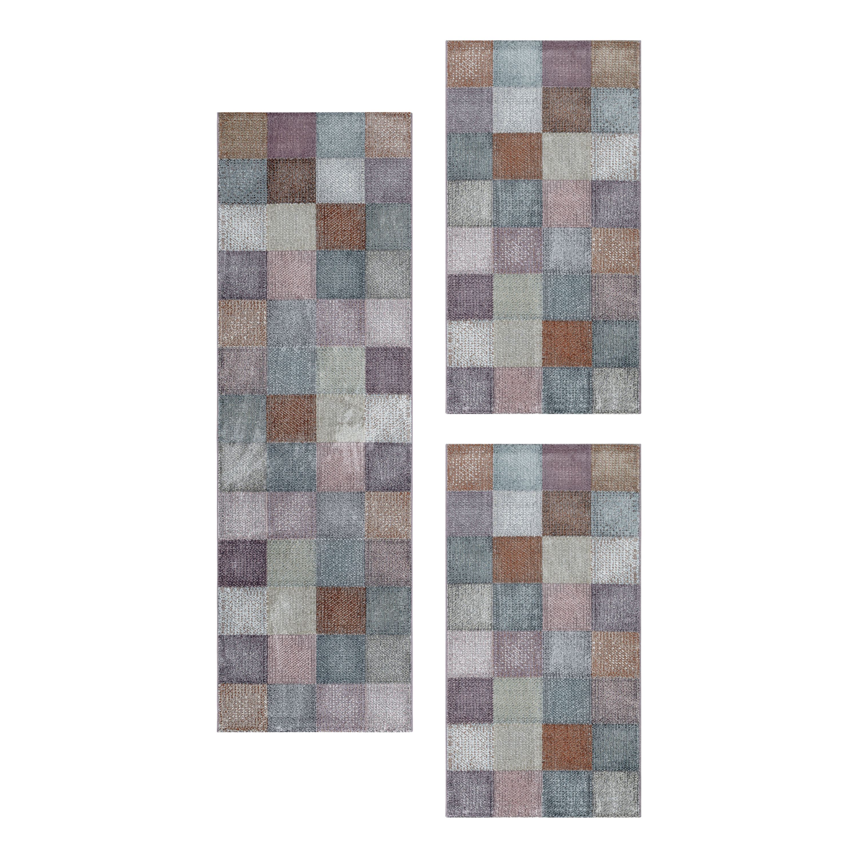 Kurzflor Teppich Bettset Mehrfarbig Quadrat Pixel Muster Läuferset 3 Teile Weich